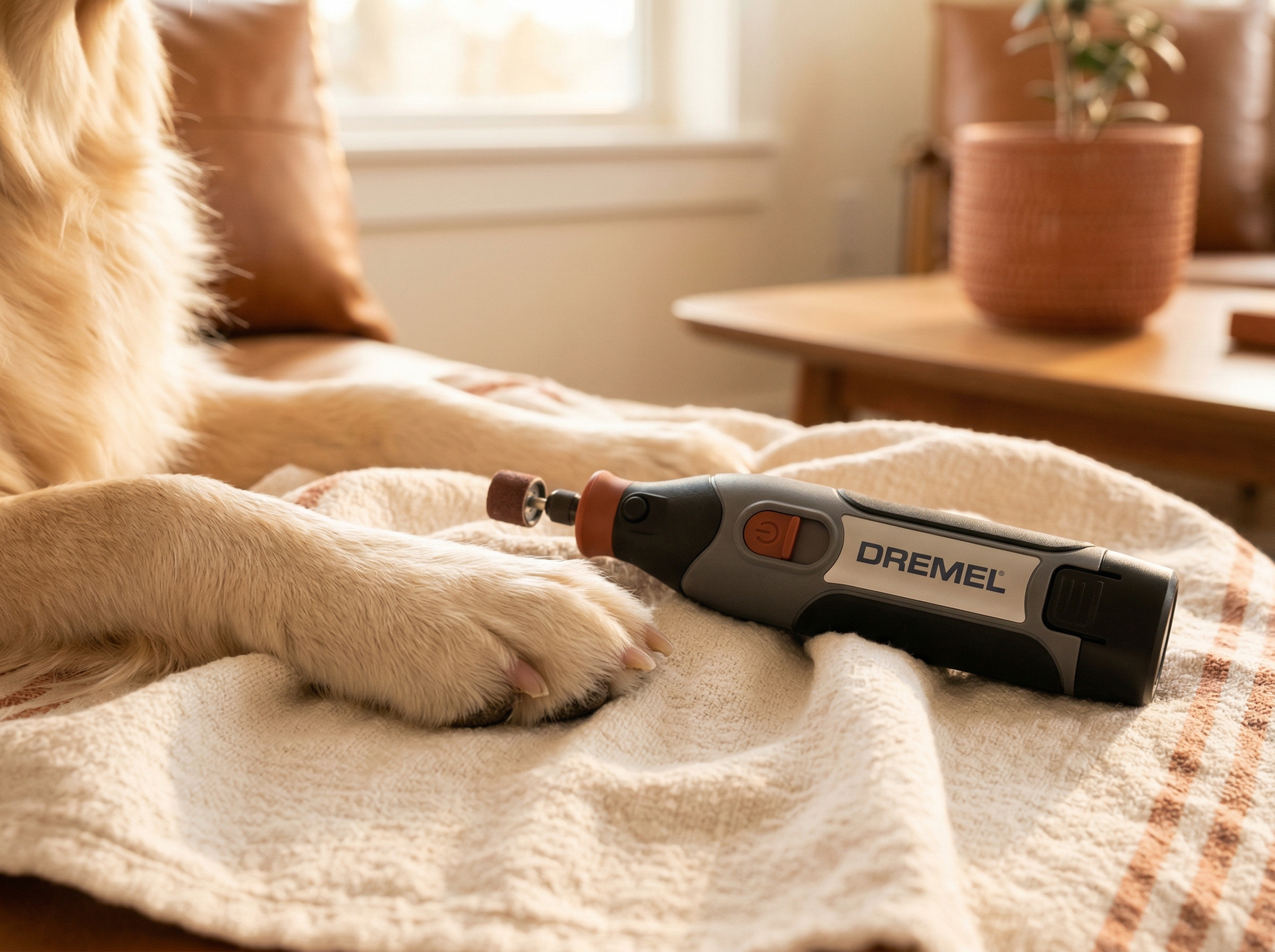 A cordless Dremel nail grinder resting on a soft towel next to a relaxed dog paw