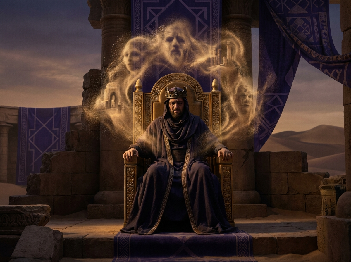 Emperor on golden throne with visions swirling around him
