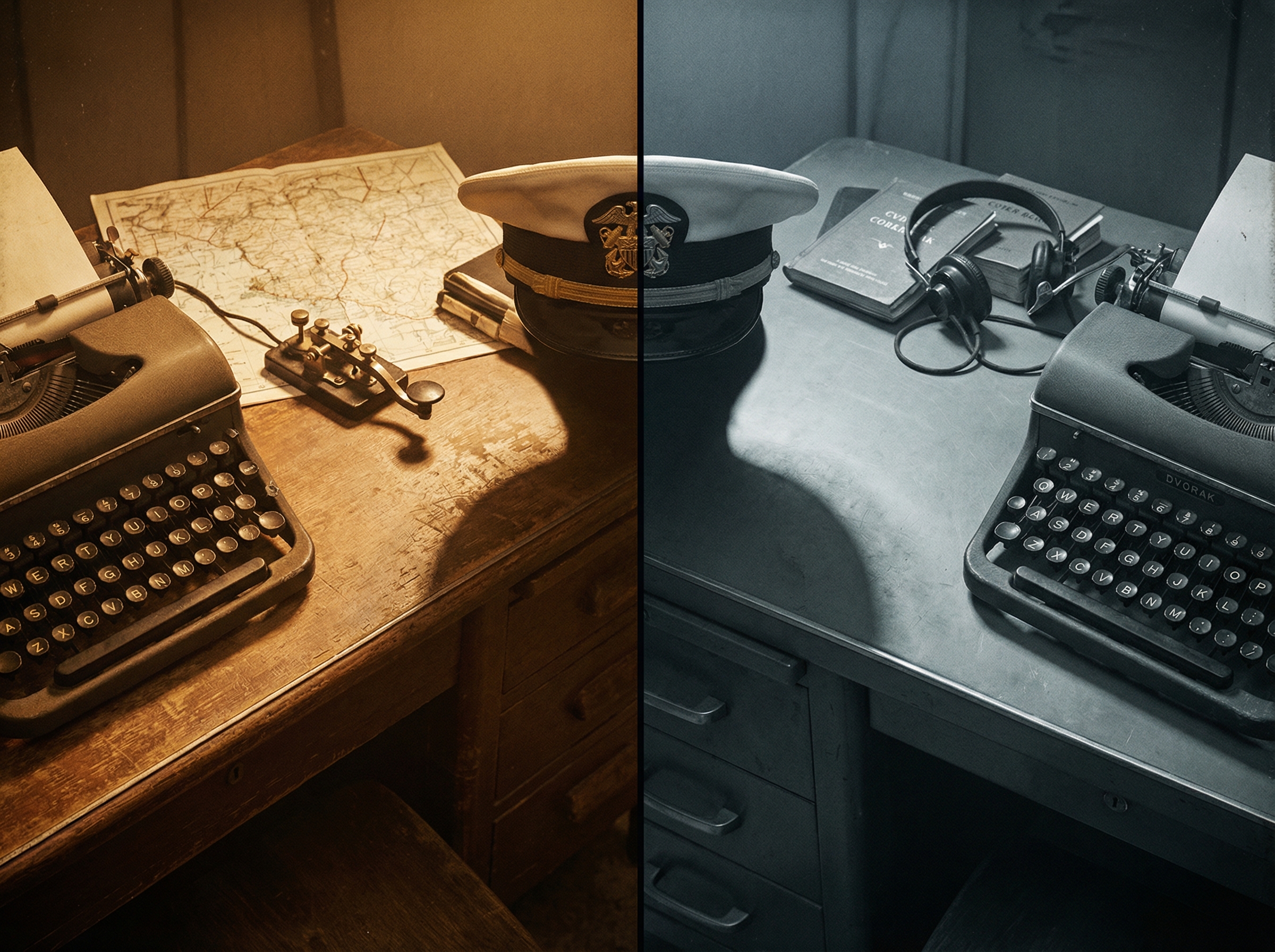 Split image comparing QWERTY and Dvorak keyboard layouts with a naval officer's cap between them