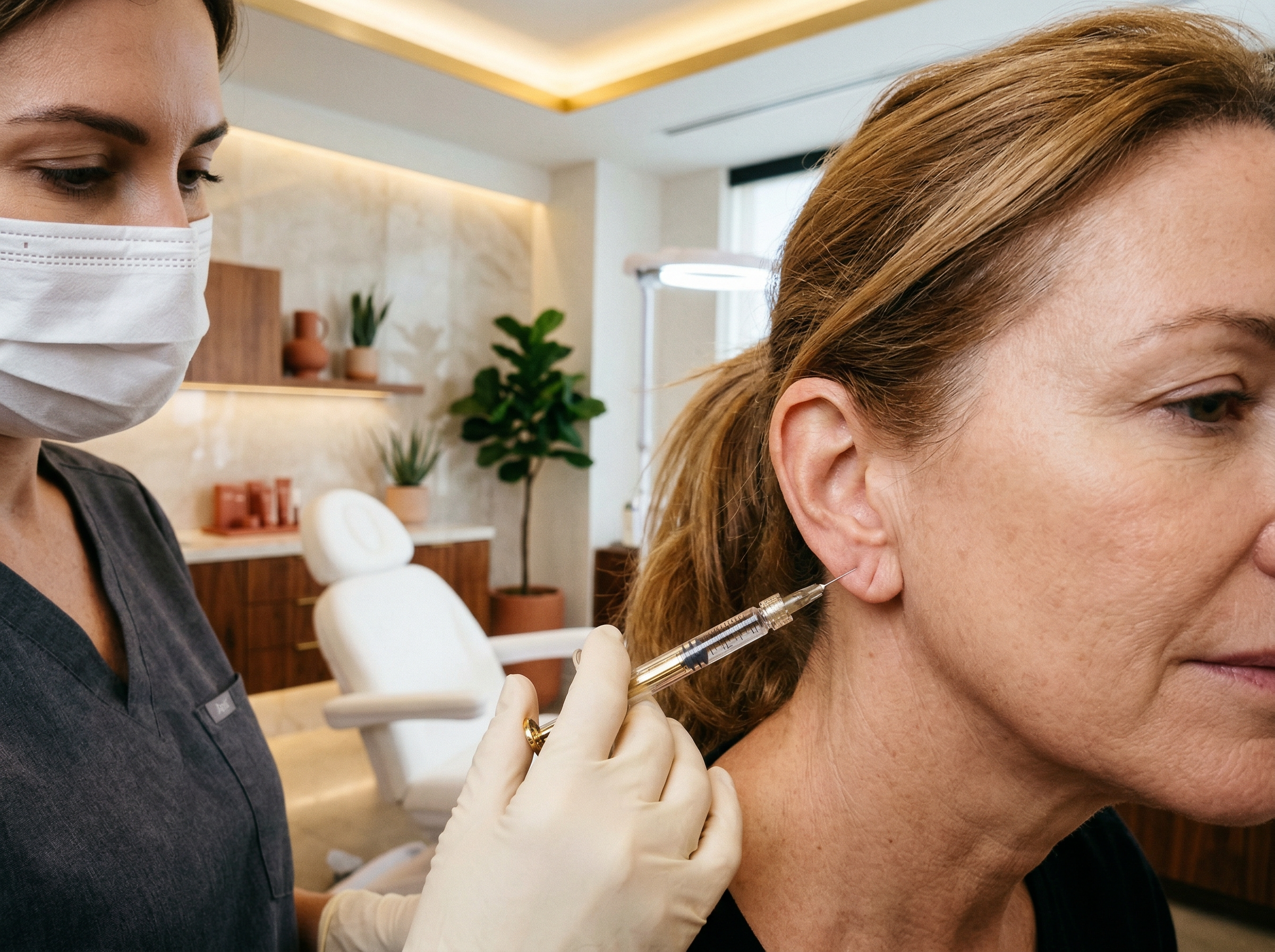 An elegant dermatology clinic scene with dermal filler positioned near an aging earlobe in warm golden lighting