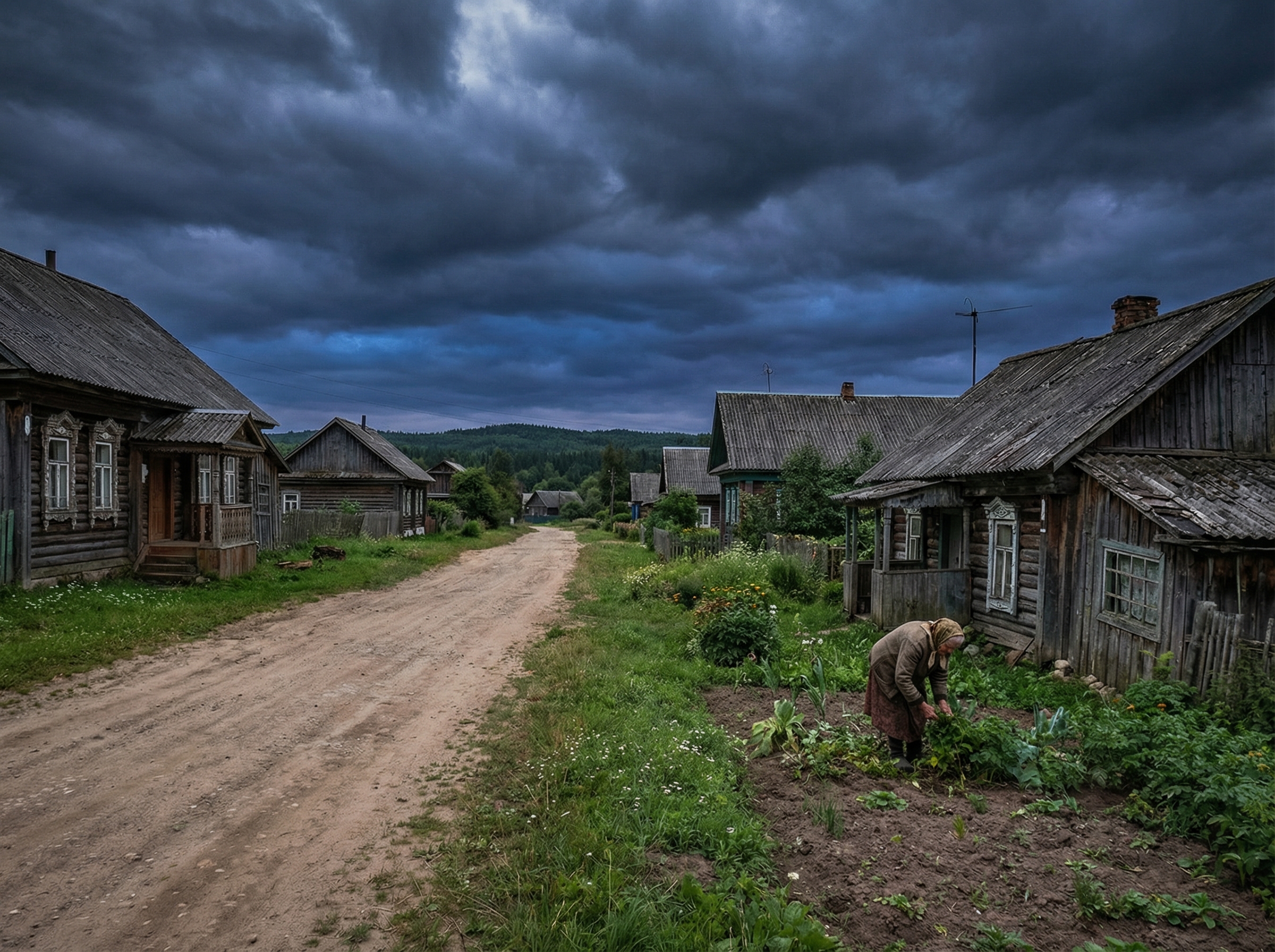 Abandoned Eastern European village street with beautiful but empty traditional houses
