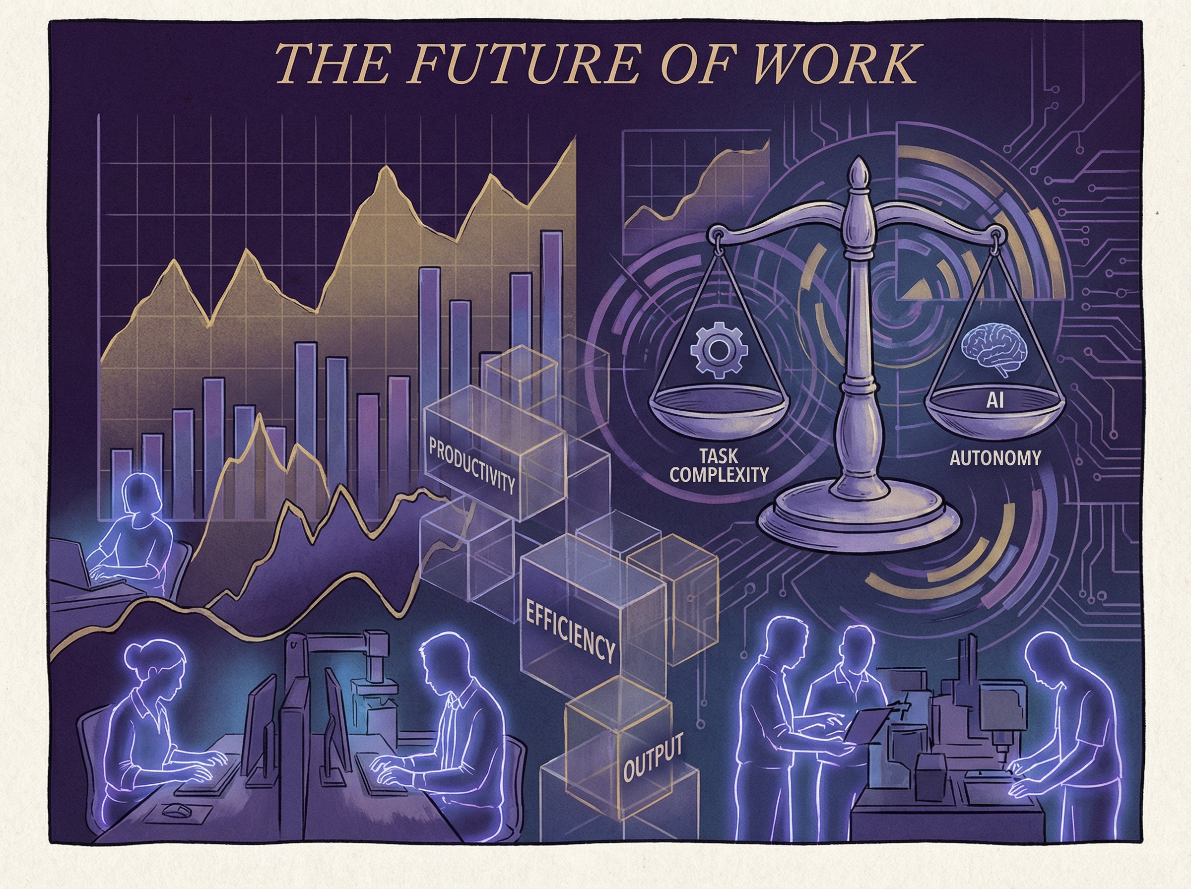 Economic graphs transforming into human figures with productivity metrics floating as building blocks