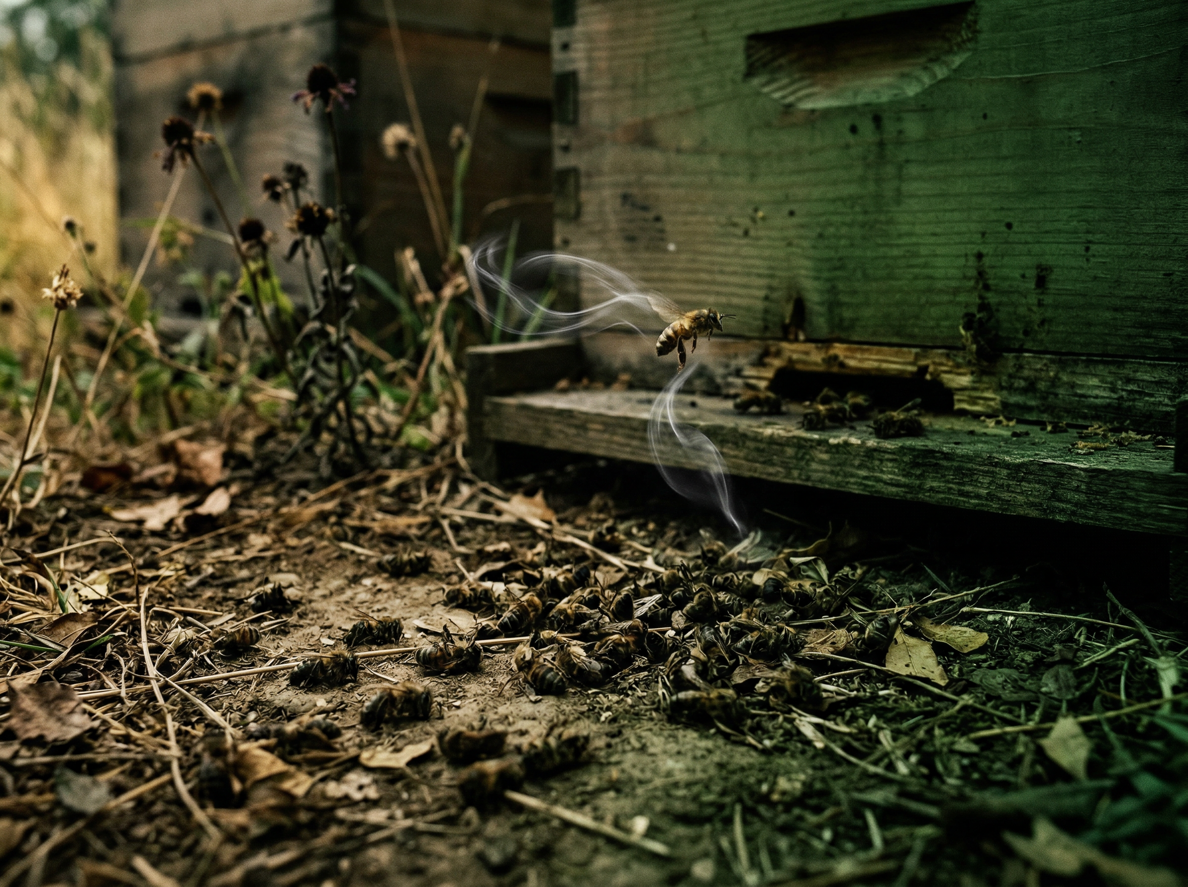 Dead honeybees scattered near a beehive entrance with withered flowers and a single bee flying erratically