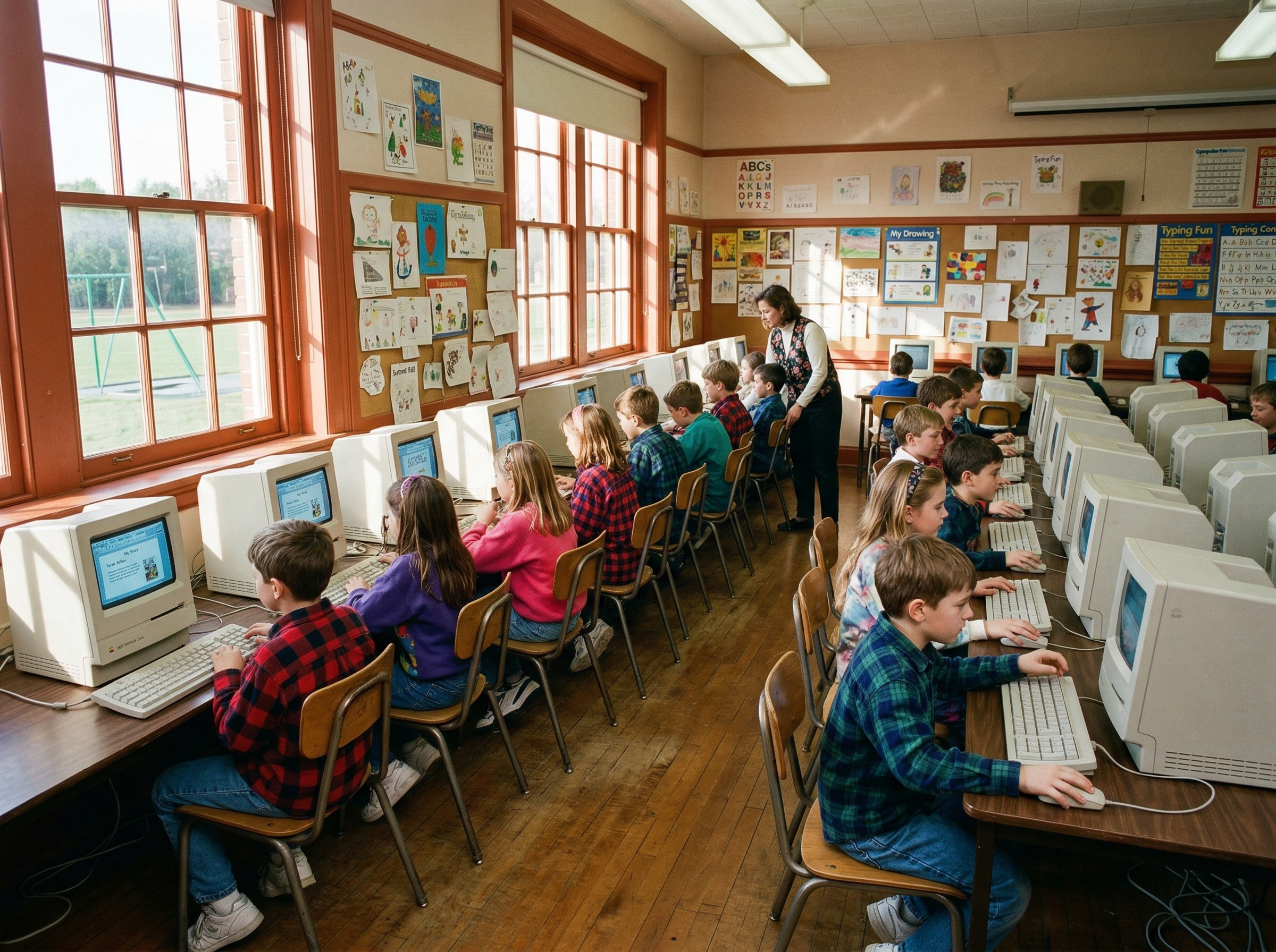A 1990s school computer lab with rows of classic Macintosh computers running ClarisWorks