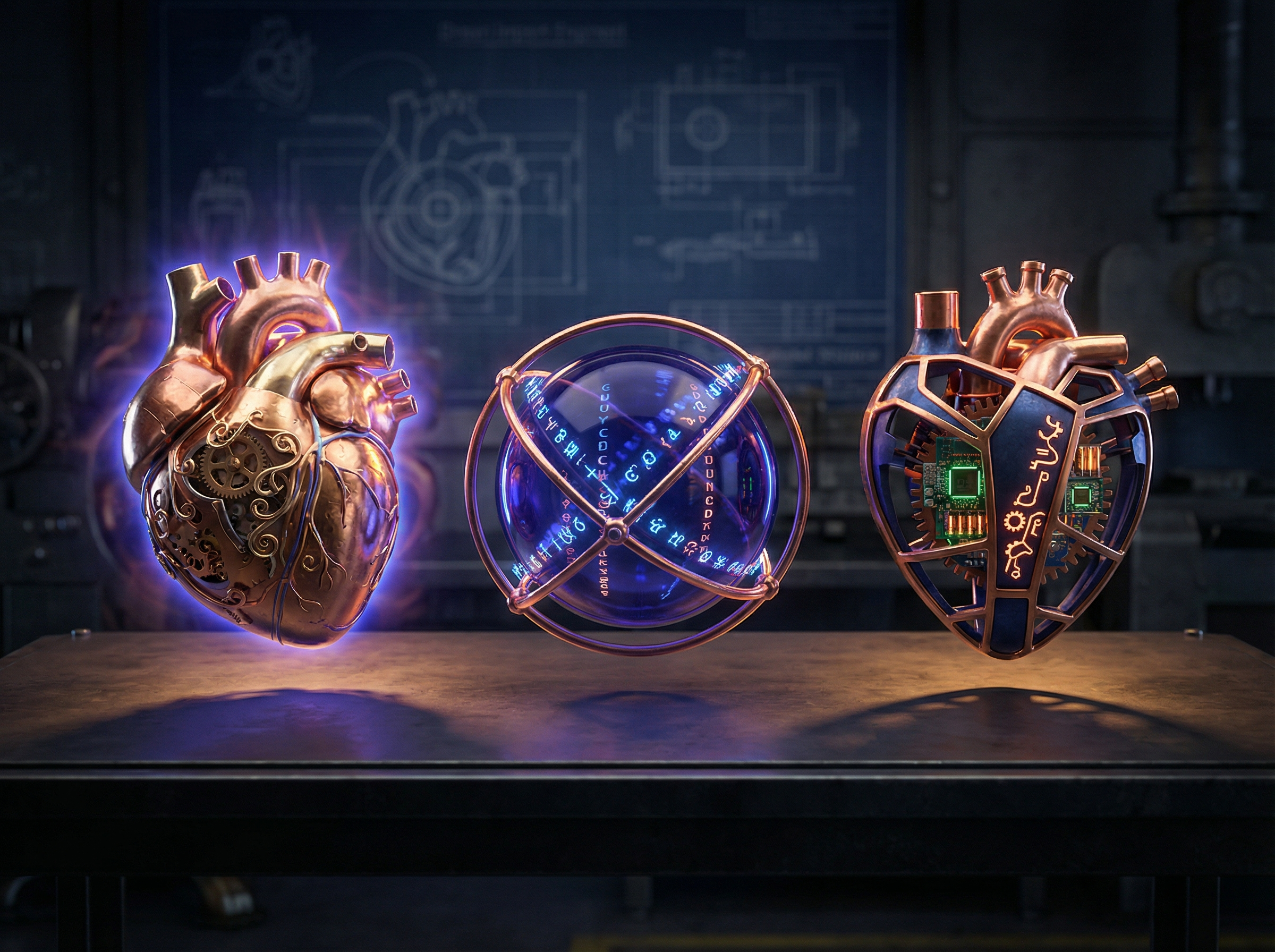 Three glowing mechanical engine hearts representing pdfTeX, XeTeX, and LuaTeX