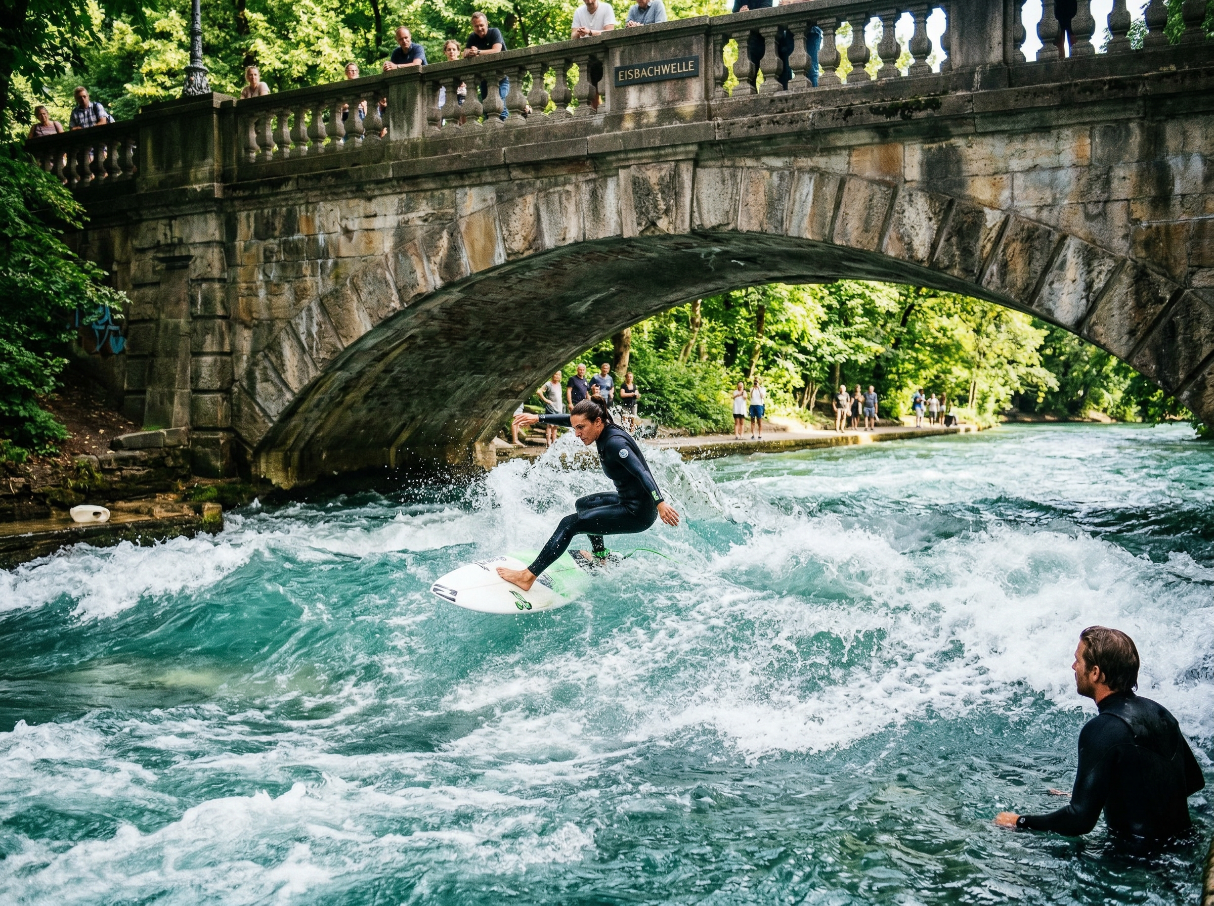 Surfers riding the Eisbach wave in Munich's English Garden, dynamic action with turquoise water rushing under a stone bridge