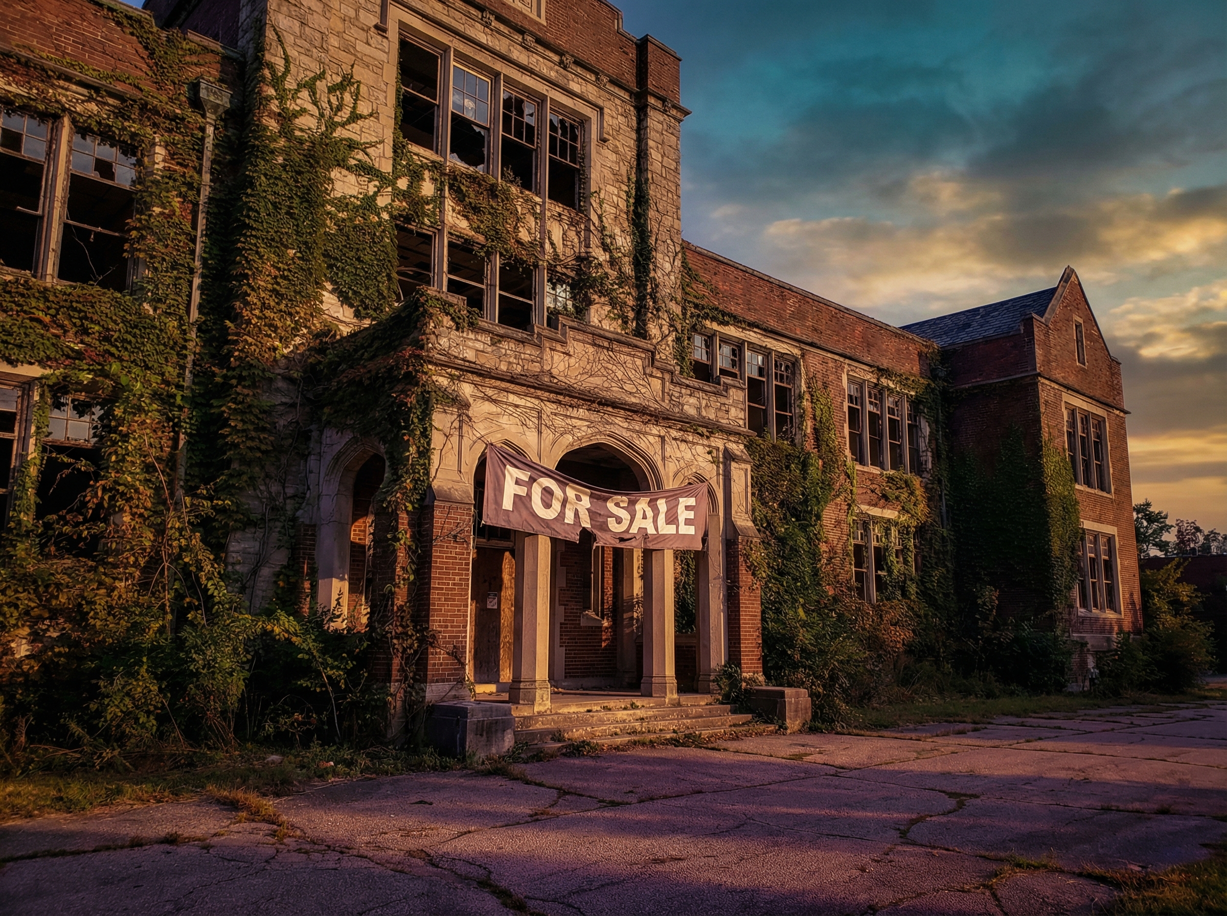 Abandoned college building with ivy and FOR SALE banner at sunset