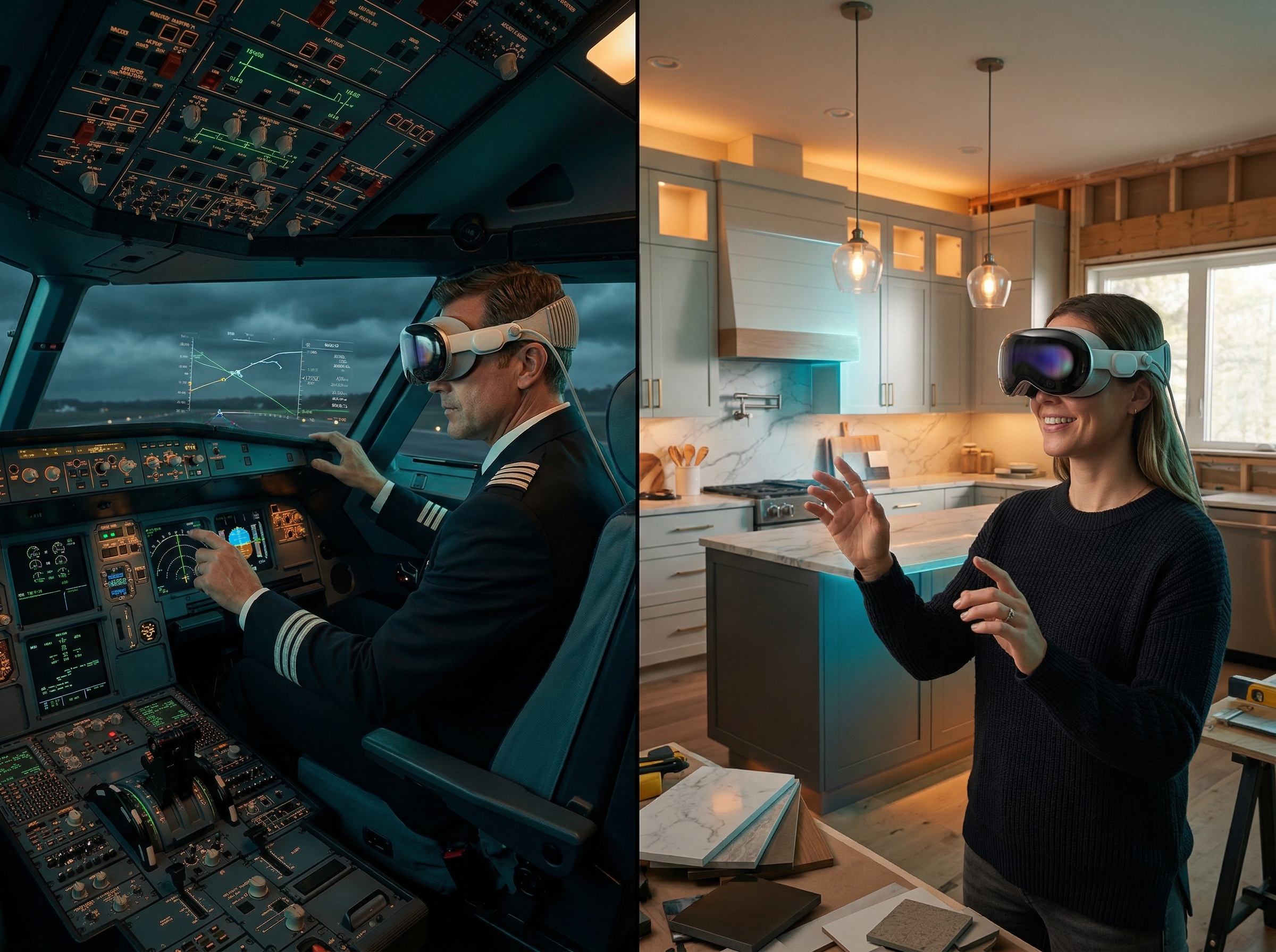 Split scene showing pilot training simulator and kitchen remodel visualization, both using Apple Vision Pro