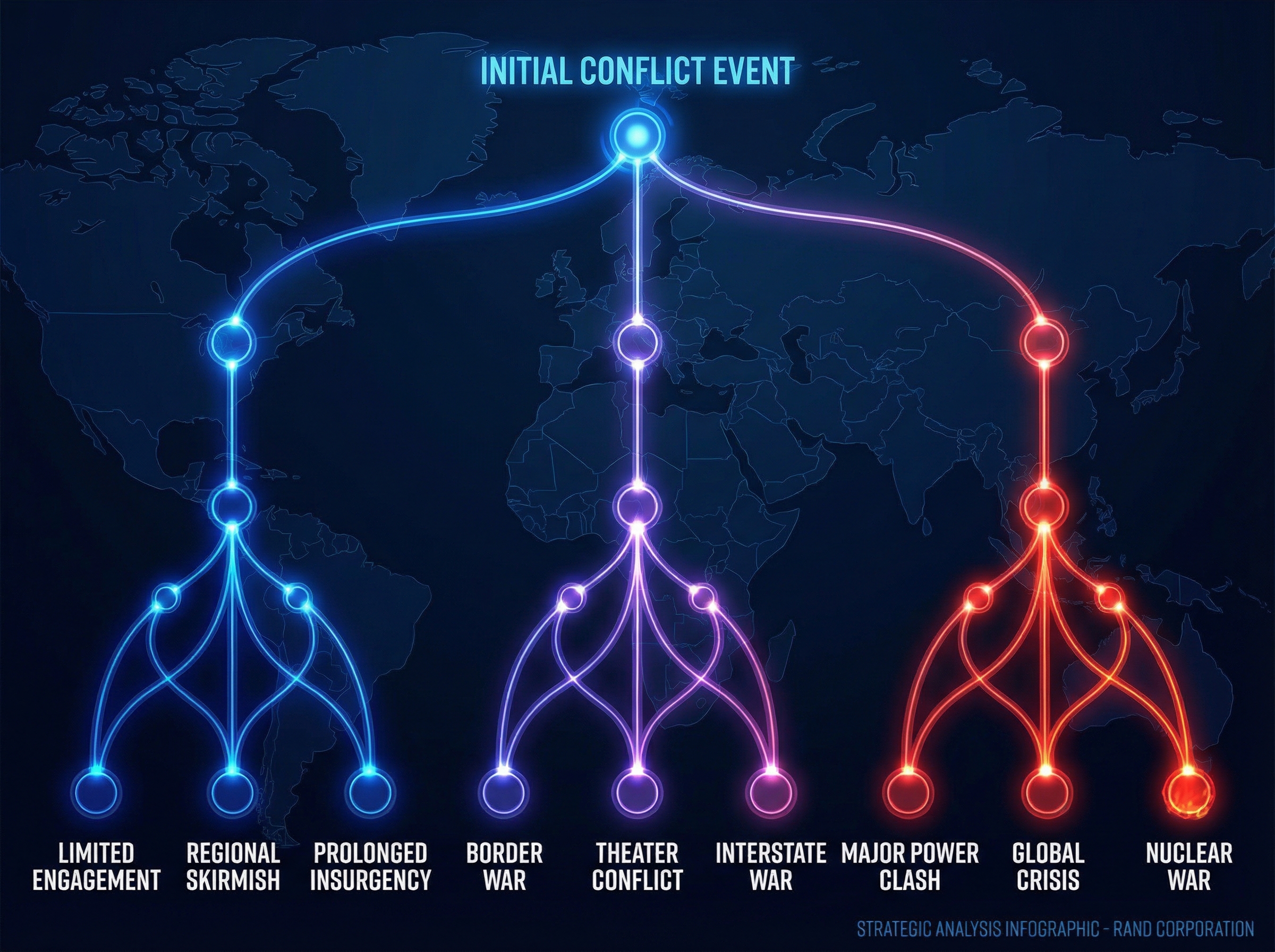 Branching decision tree showing escalation pathways