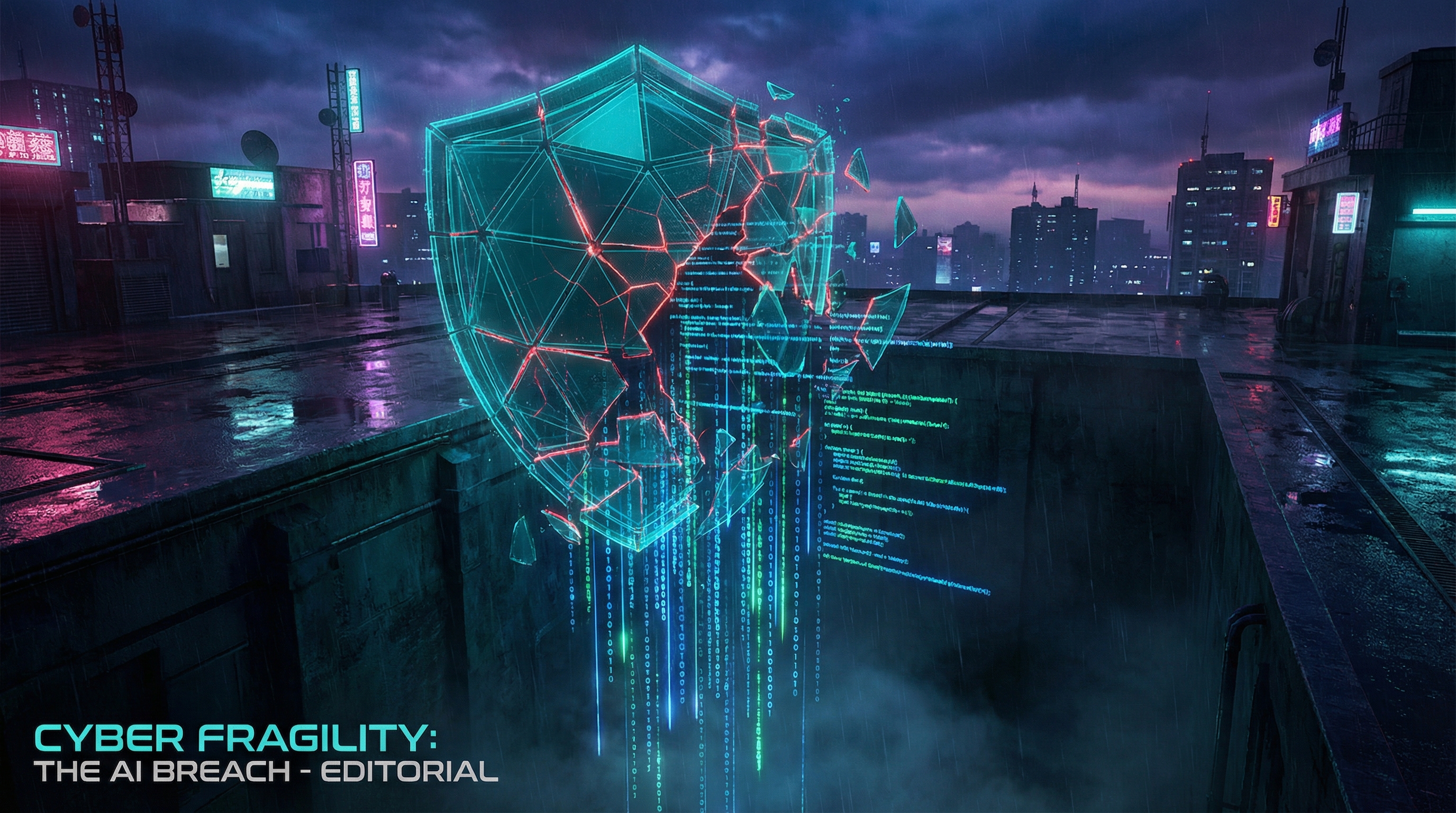 An aerial view of thousands of tiny glowing application windows in a grid, roughly one in three pulsing with red warning indicators