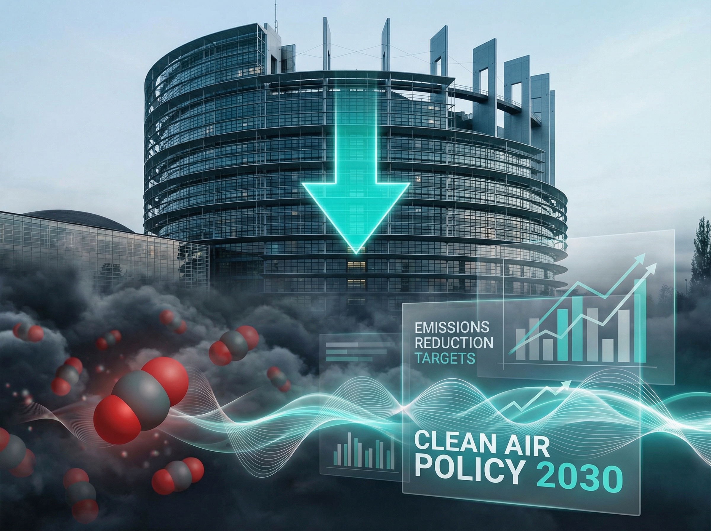 European Parliament with emissions reduction visualization