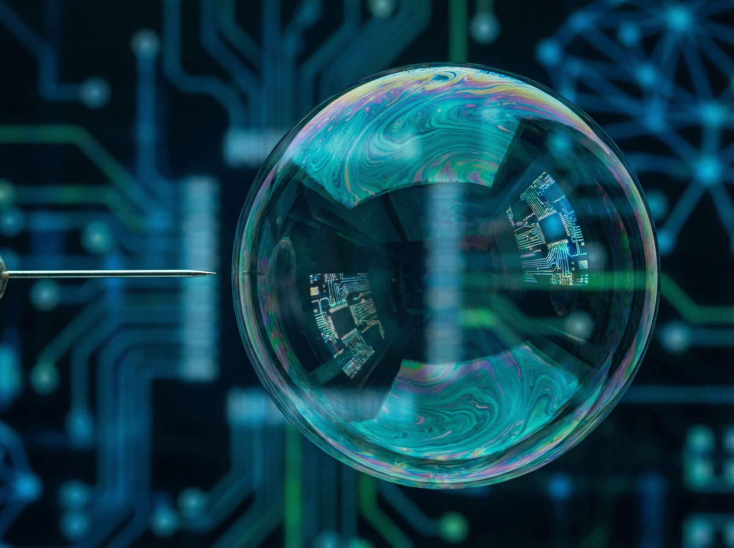 Exponential curves rendered as glowing teal light trails against a dark analytical background