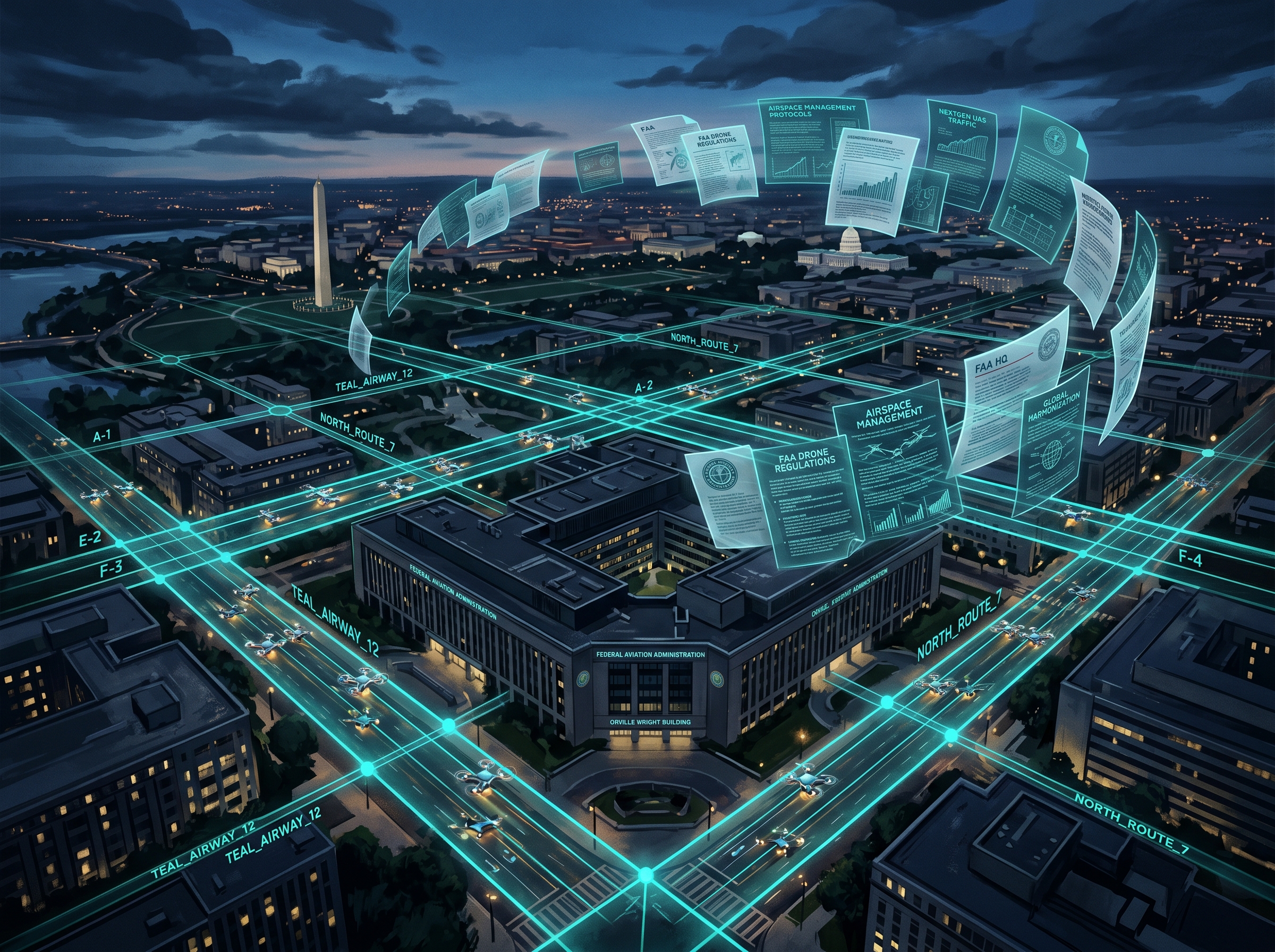 FAA building with stylized drone flight corridors in the airspace above