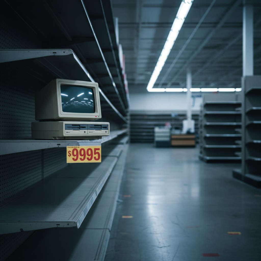 A lonely Apple Lisa on an empty retail shelf with a prominent price tag, harsh fluorescent lighting creating a melancholic retail atmosphere