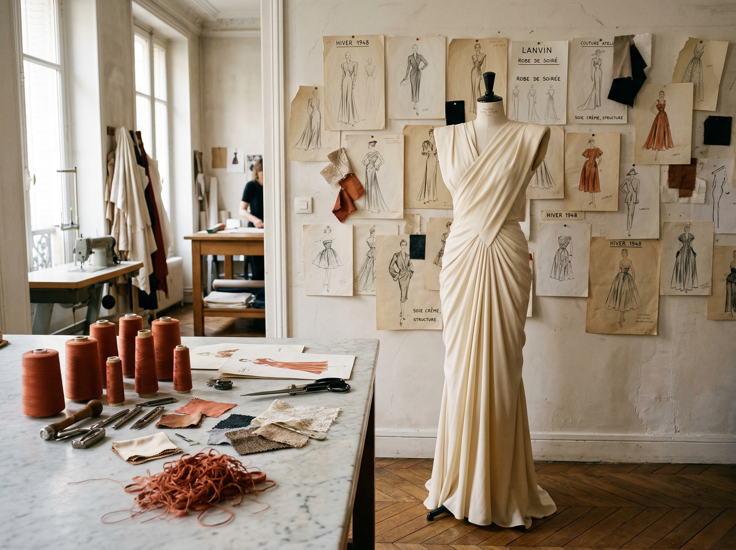 Elegant Parisian fashion atelier scene with flowing cream silk and archival sketches
