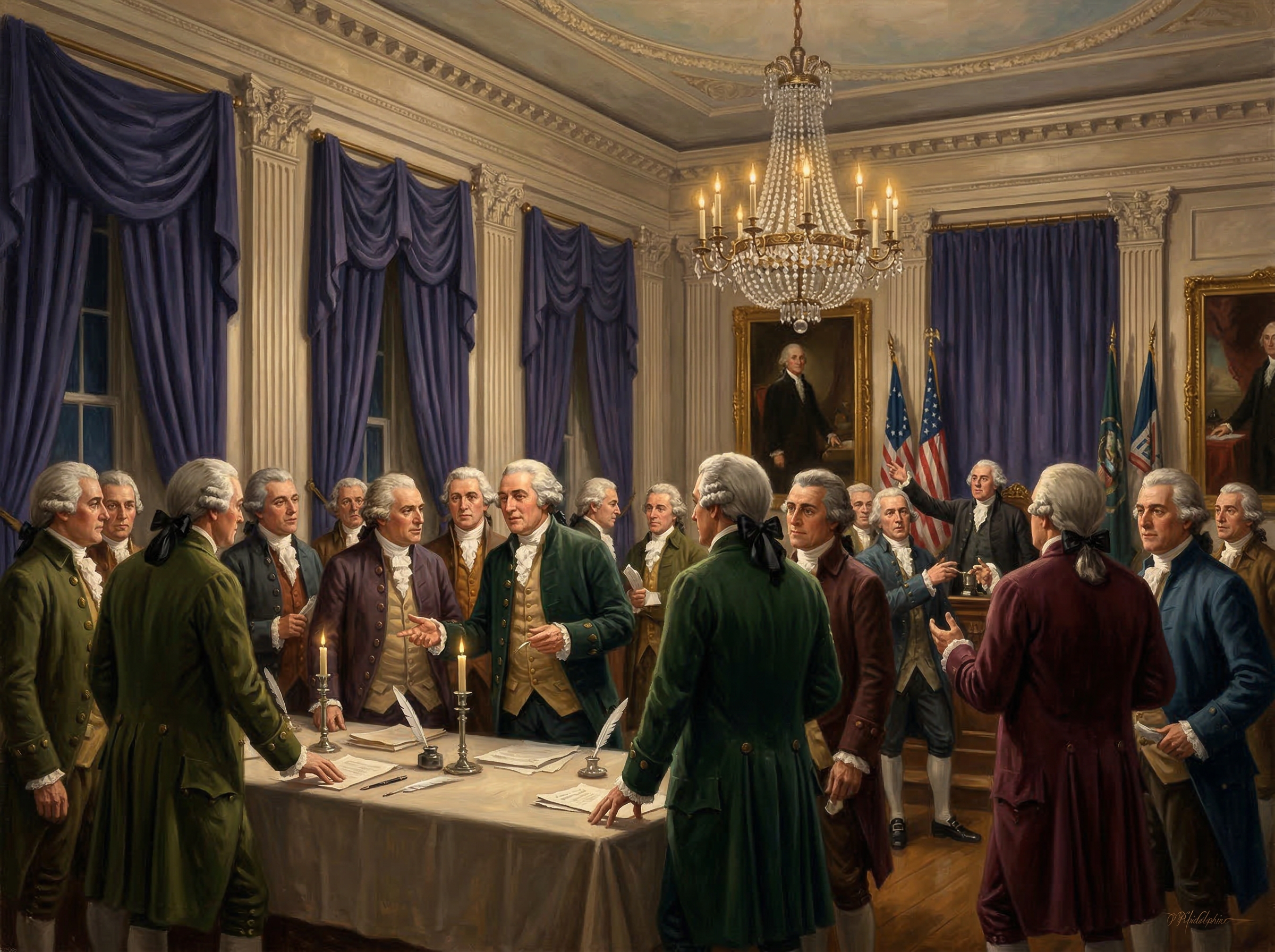 An elegant 18th century political gathering in a Philadelphia ballroom