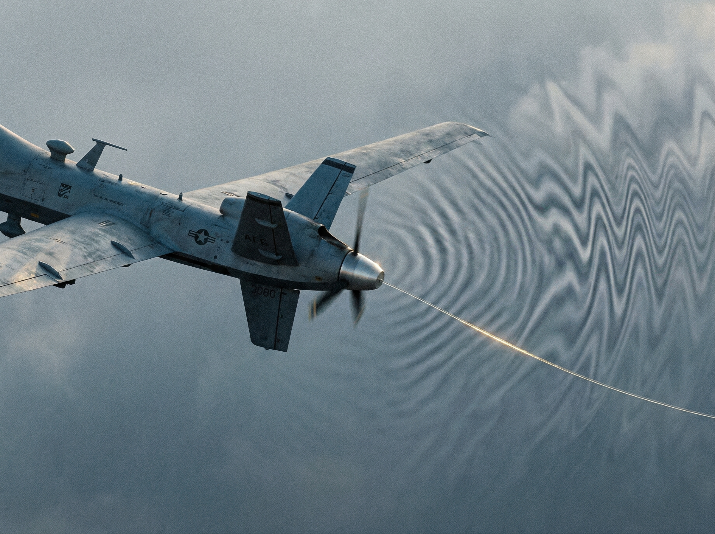 Military drone in flight trailing a thin translucent fiber-optic cable behind it
