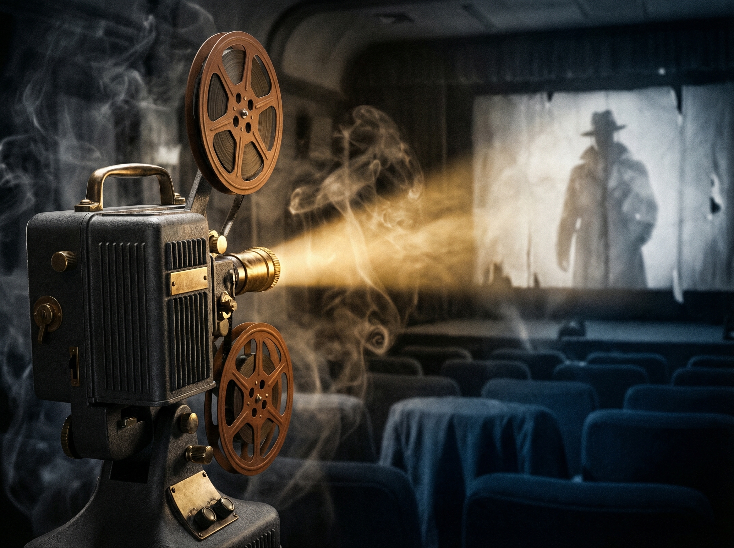 Film projector casting light through cigar smoke