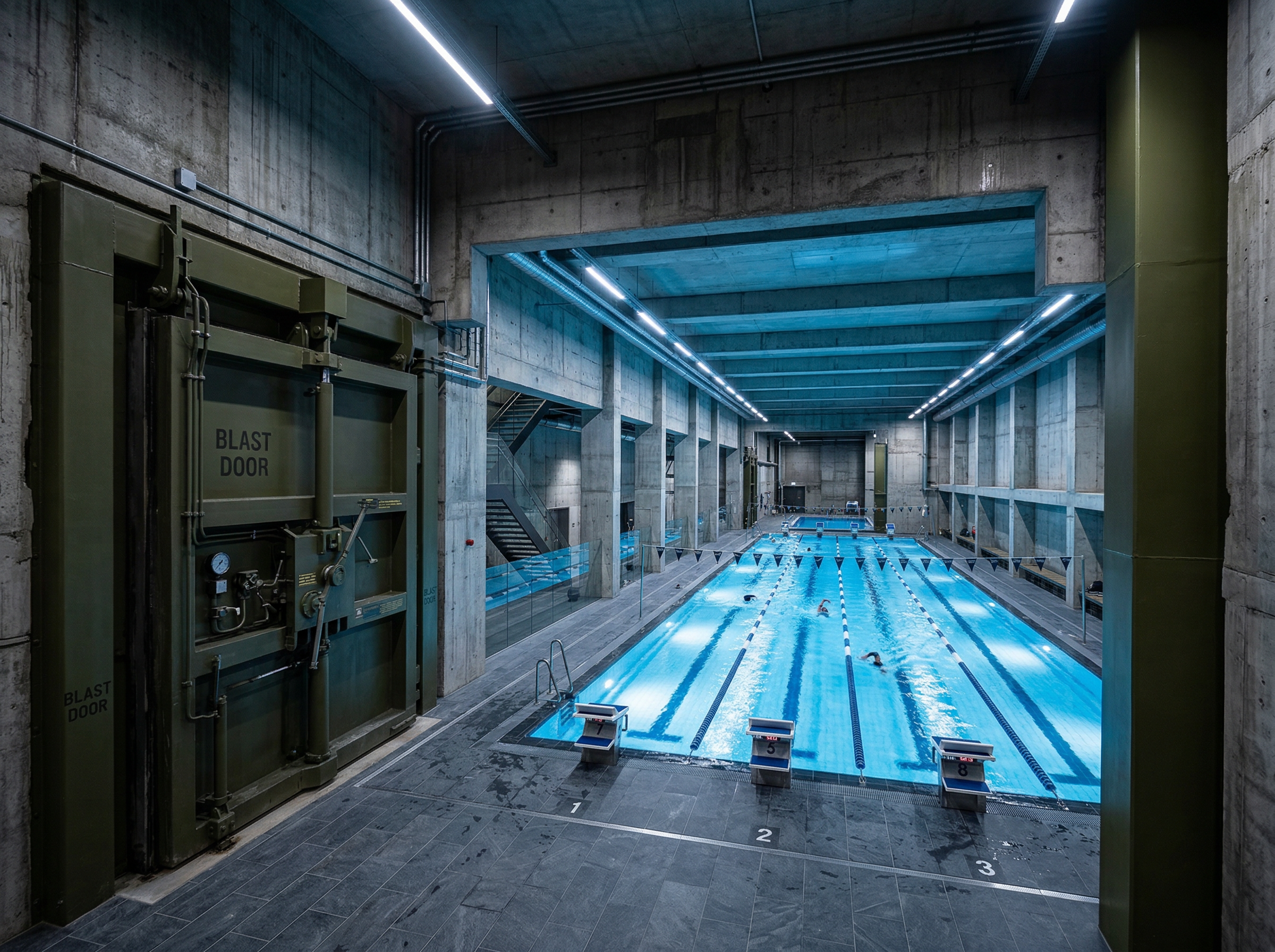 Modern underground swimming pool complex with visible blast doors and reinforced concrete walls