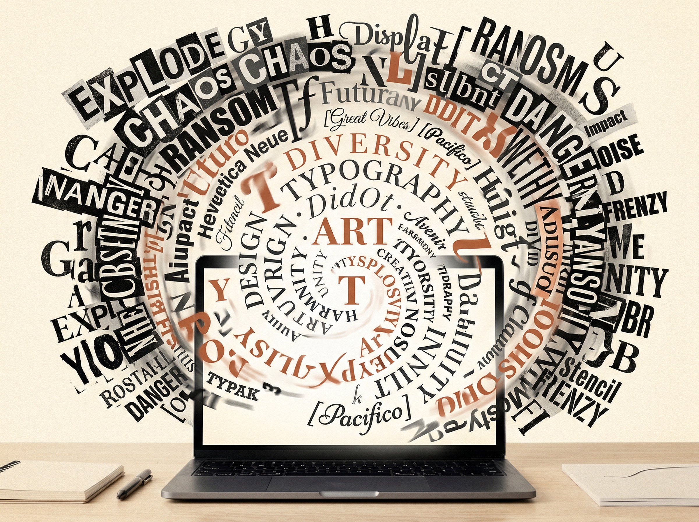 An explosion of diverse typefaces bursting from a computer screen, from elegant serif to chaotic ransom-note styles