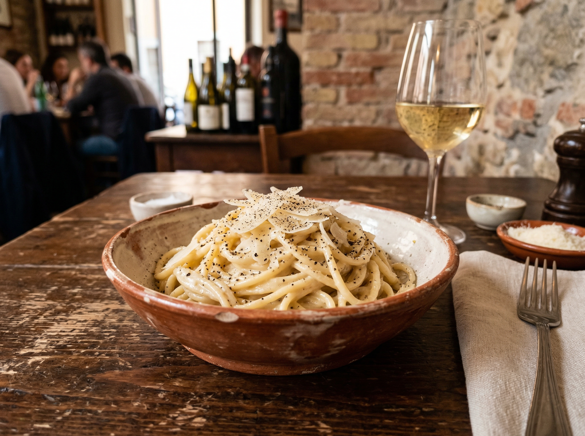Authentic Roman cacio e pepe pasta in a rustic ceramic bowl with pecorino shavings