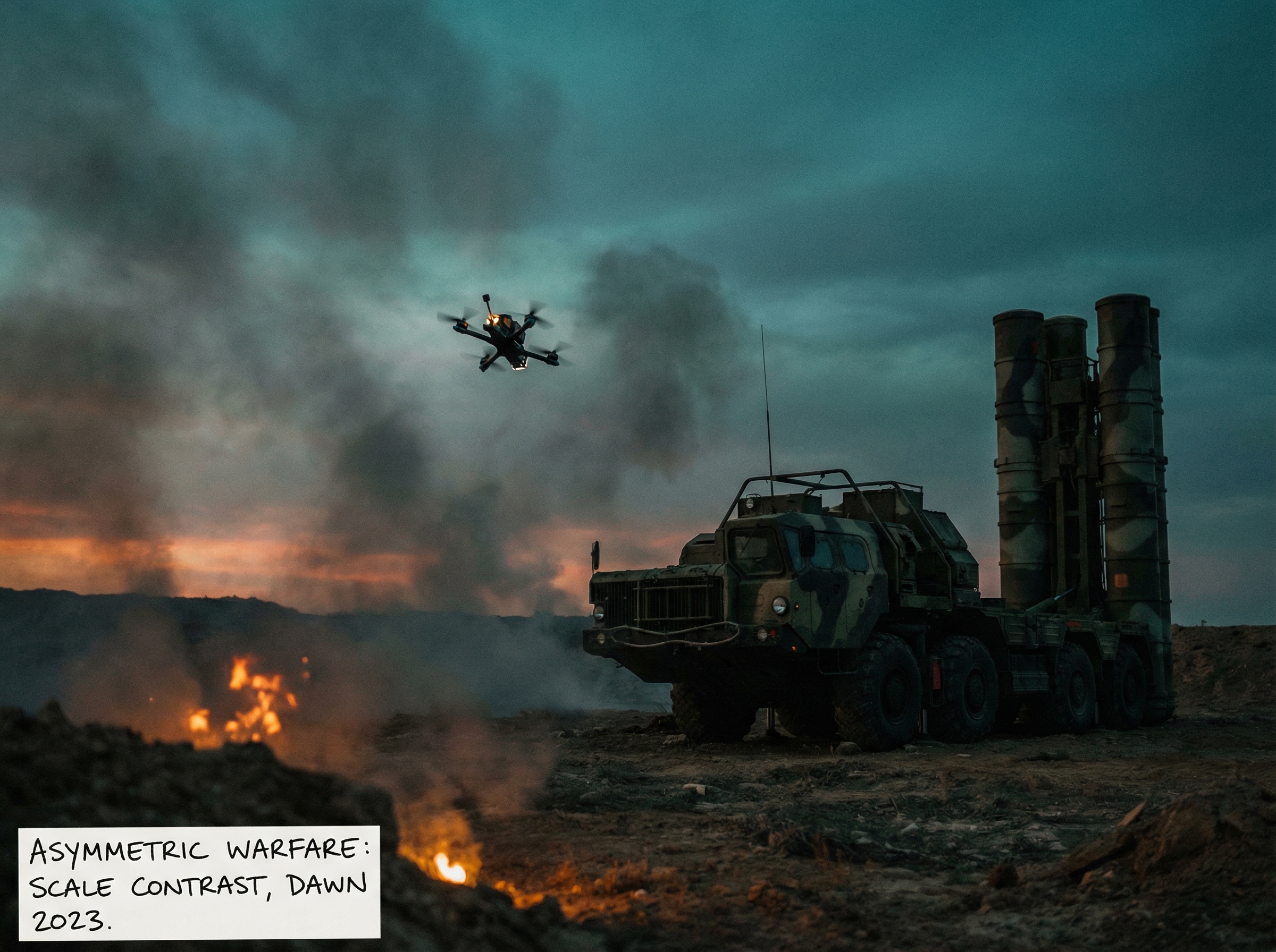Dramatic scale contrast between a tiny FPV drone and a massive missile launcher