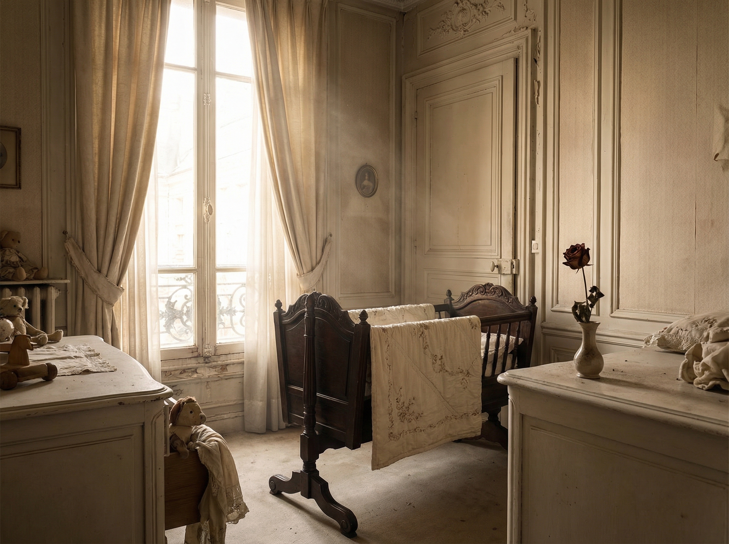 Empty ornate Parisian nursery with antique cradle in golden light