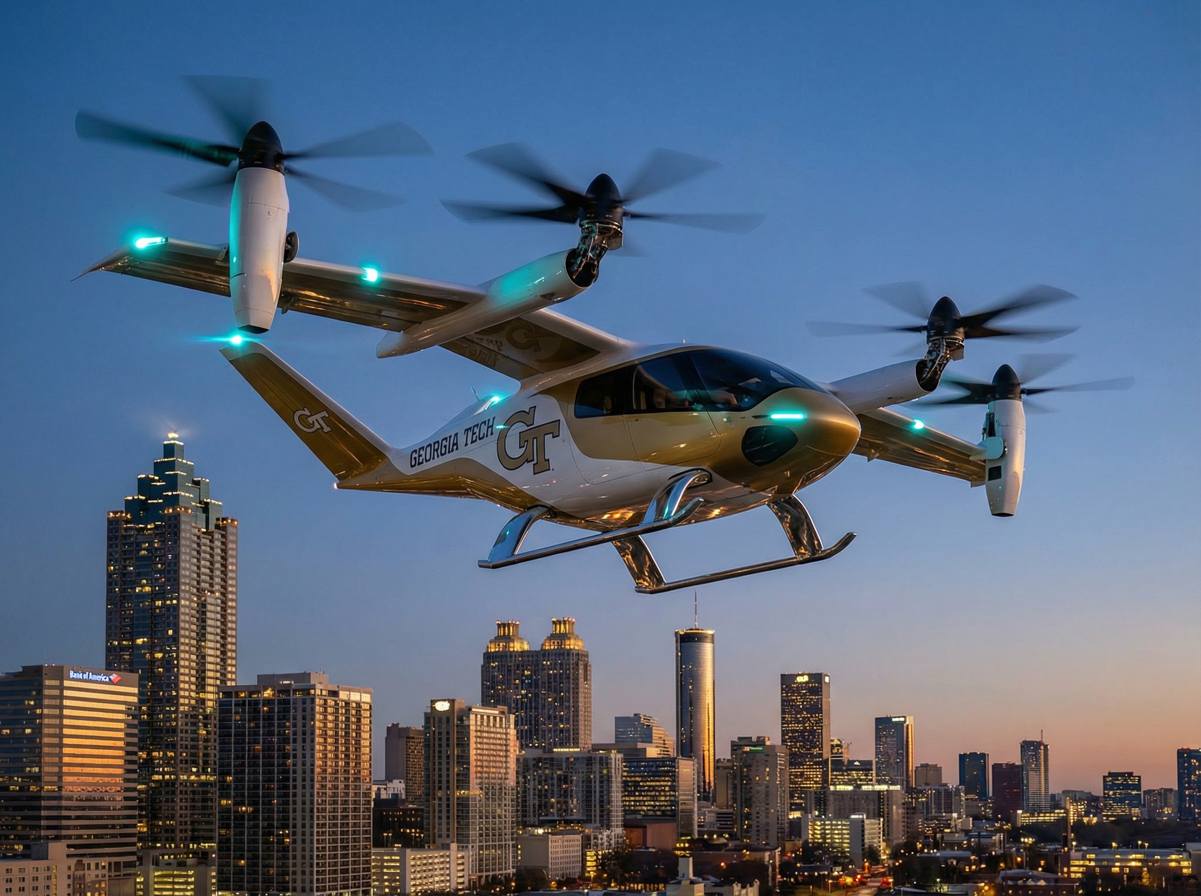 eVTOL aircraft hovering over Atlanta skyline at dusk