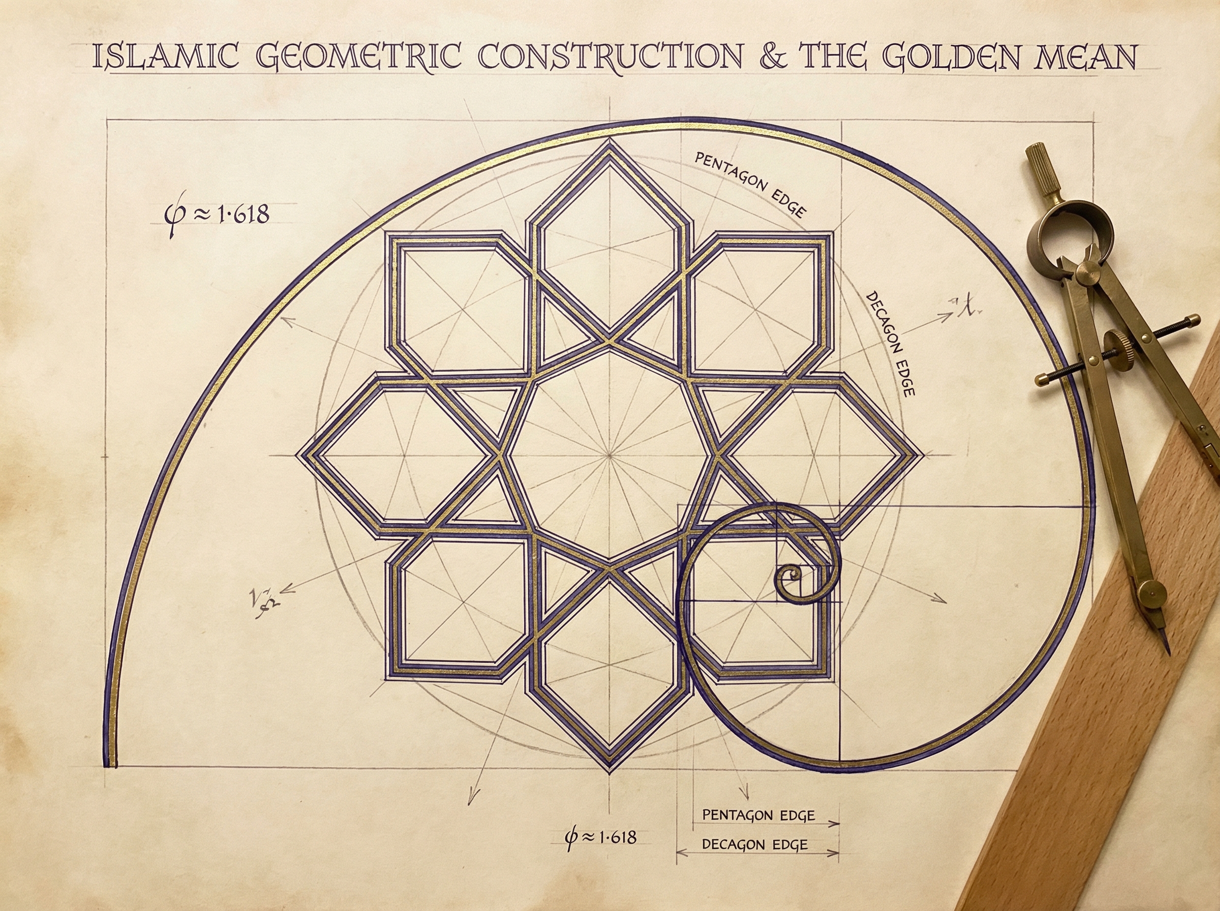 Golden ratio spiral overlaid on Islamic star polygon construction