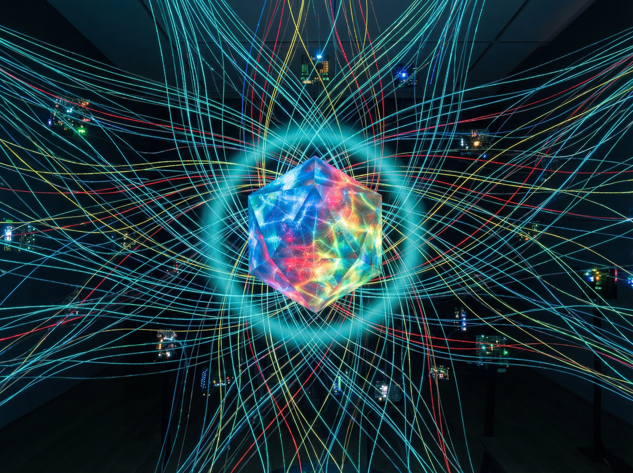 Vast web connecting billions of devices to a central multicolored gemstone