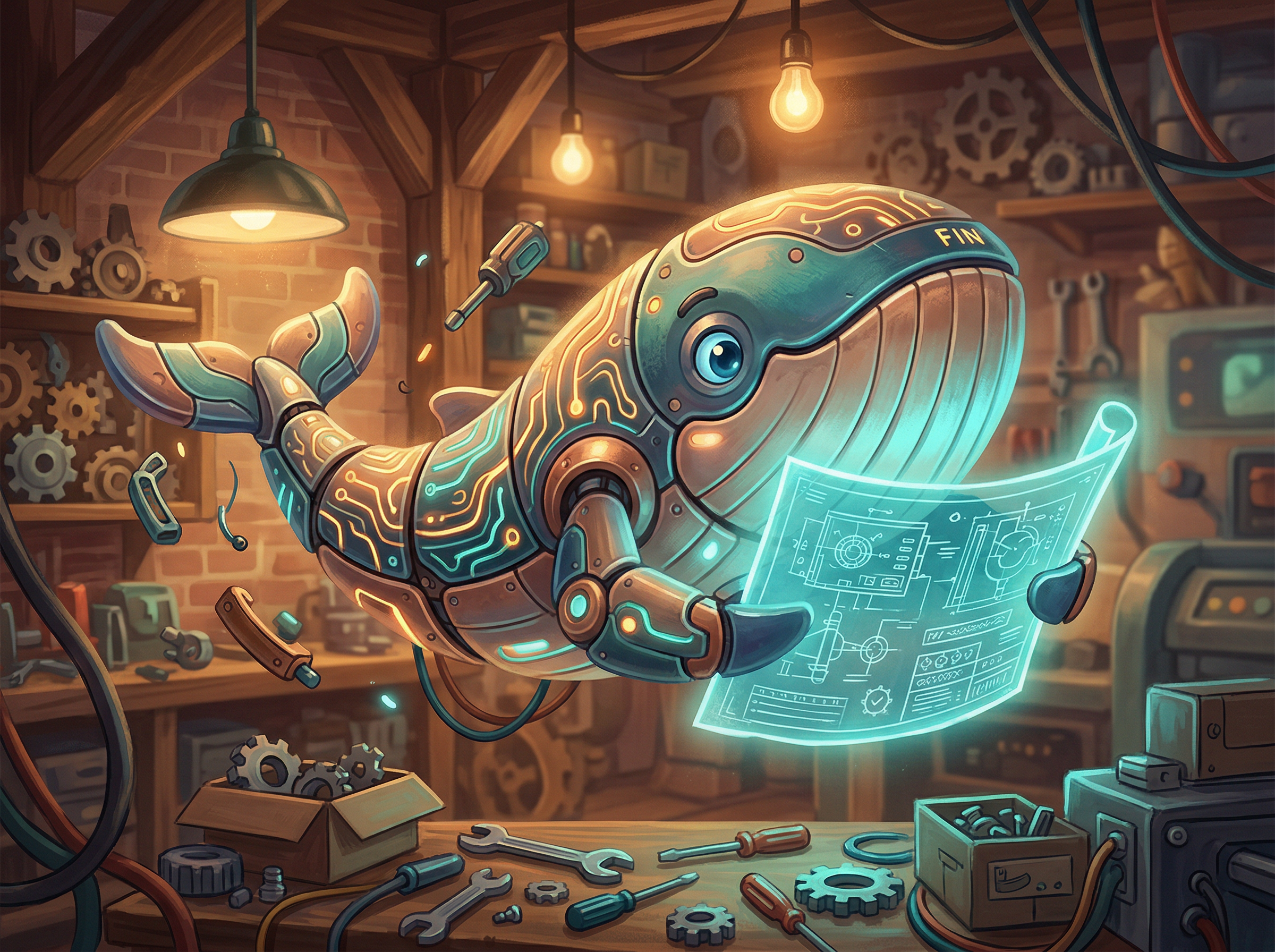 A friendly robotic whale holding a glowing blueprint in a warm workshop
