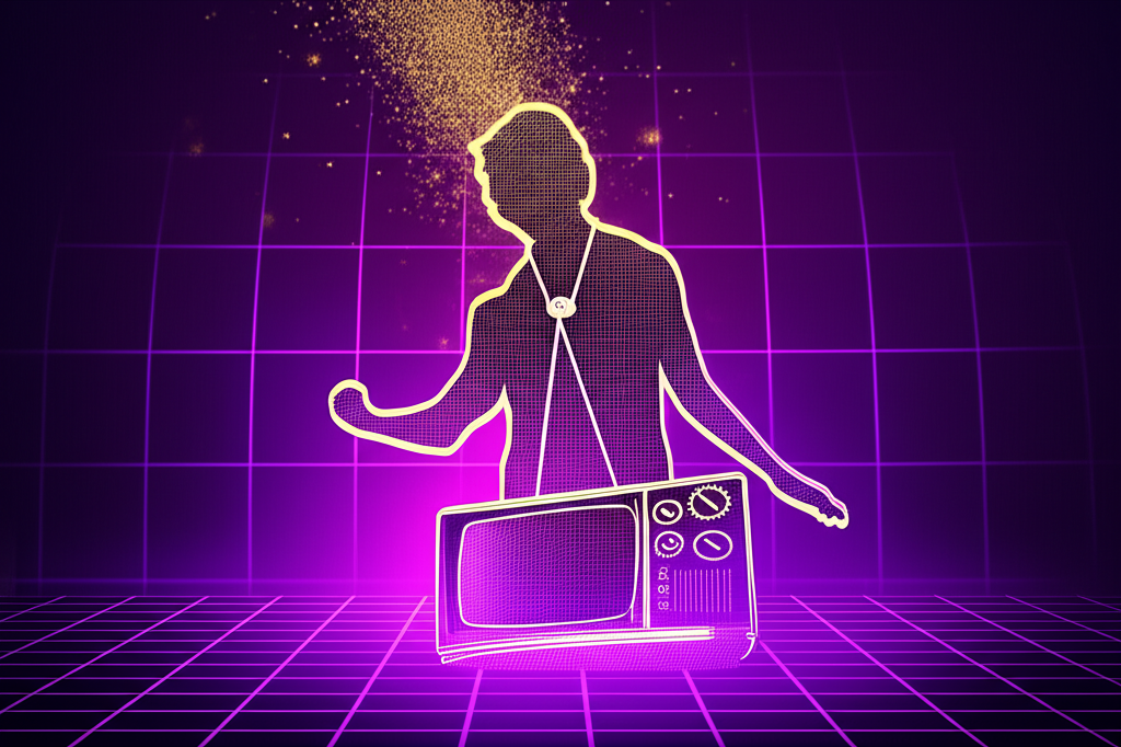 Futuristic holographic silhouette emerging from vintage television set with purple neon glow and gold particles