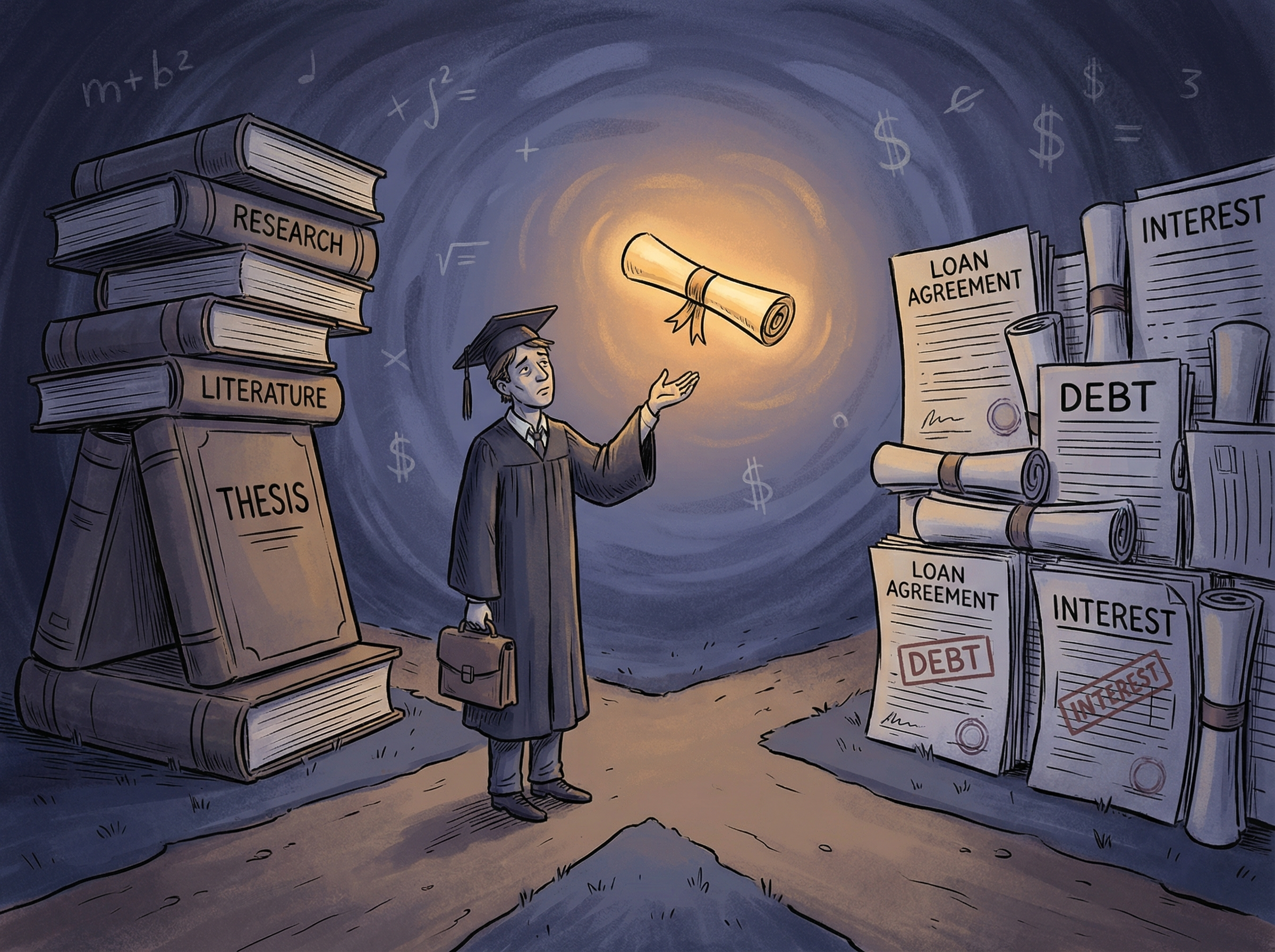 Graduate student at crossroads between towering books and wall of loan documents, diploma hovering out of reach