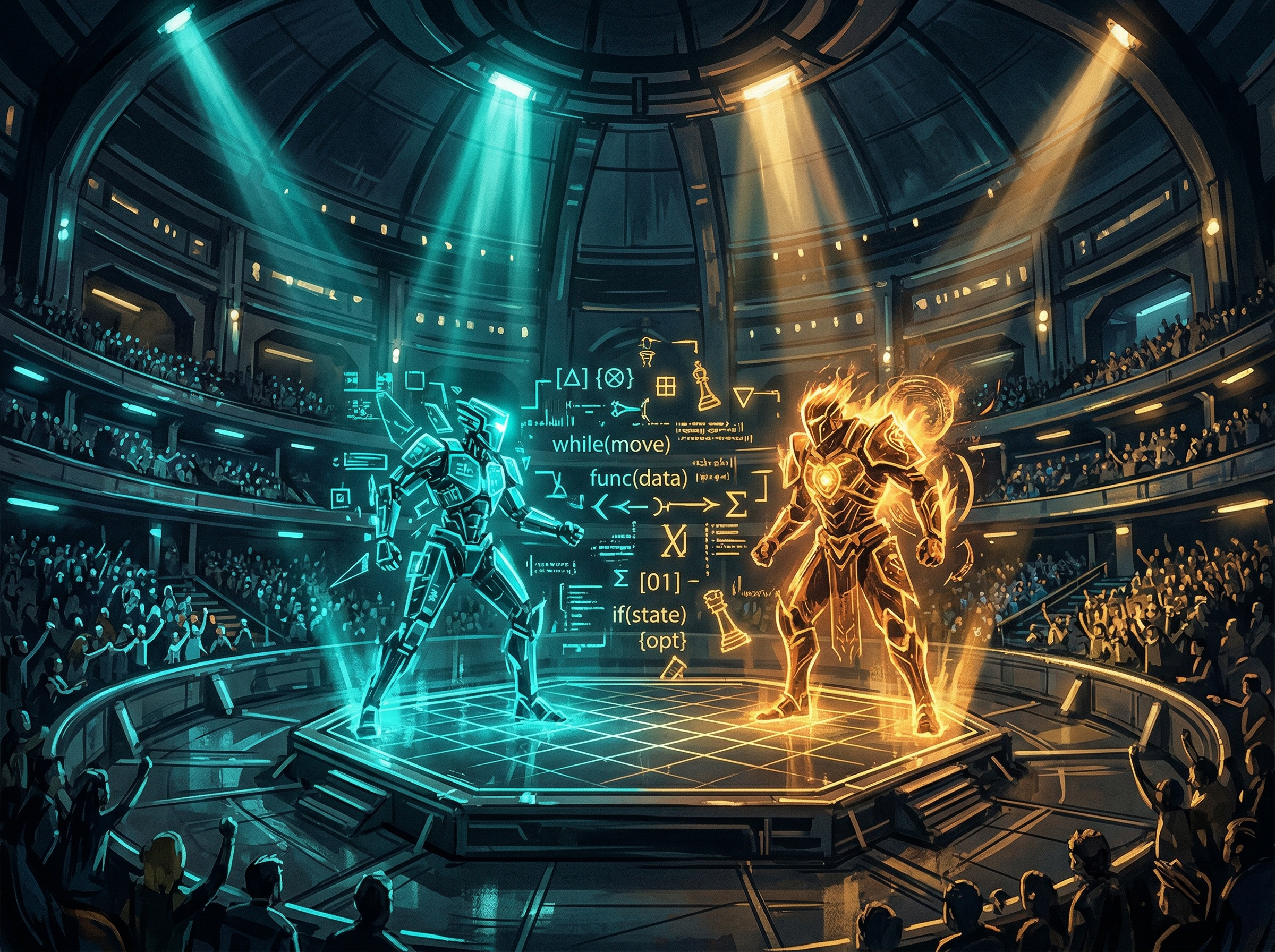 A futuristic arena where two AI agents face off as geometric holographic figures with code floating between them