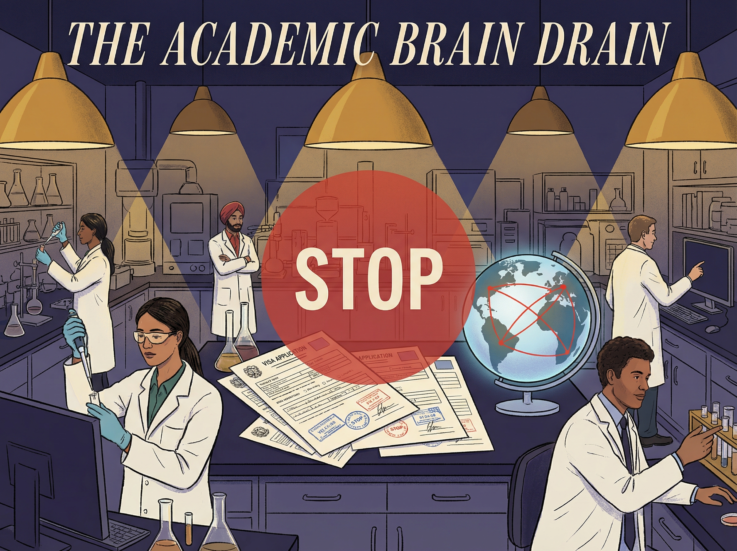 University research laboratory with international scientists, pause symbol overlaid on visa documents