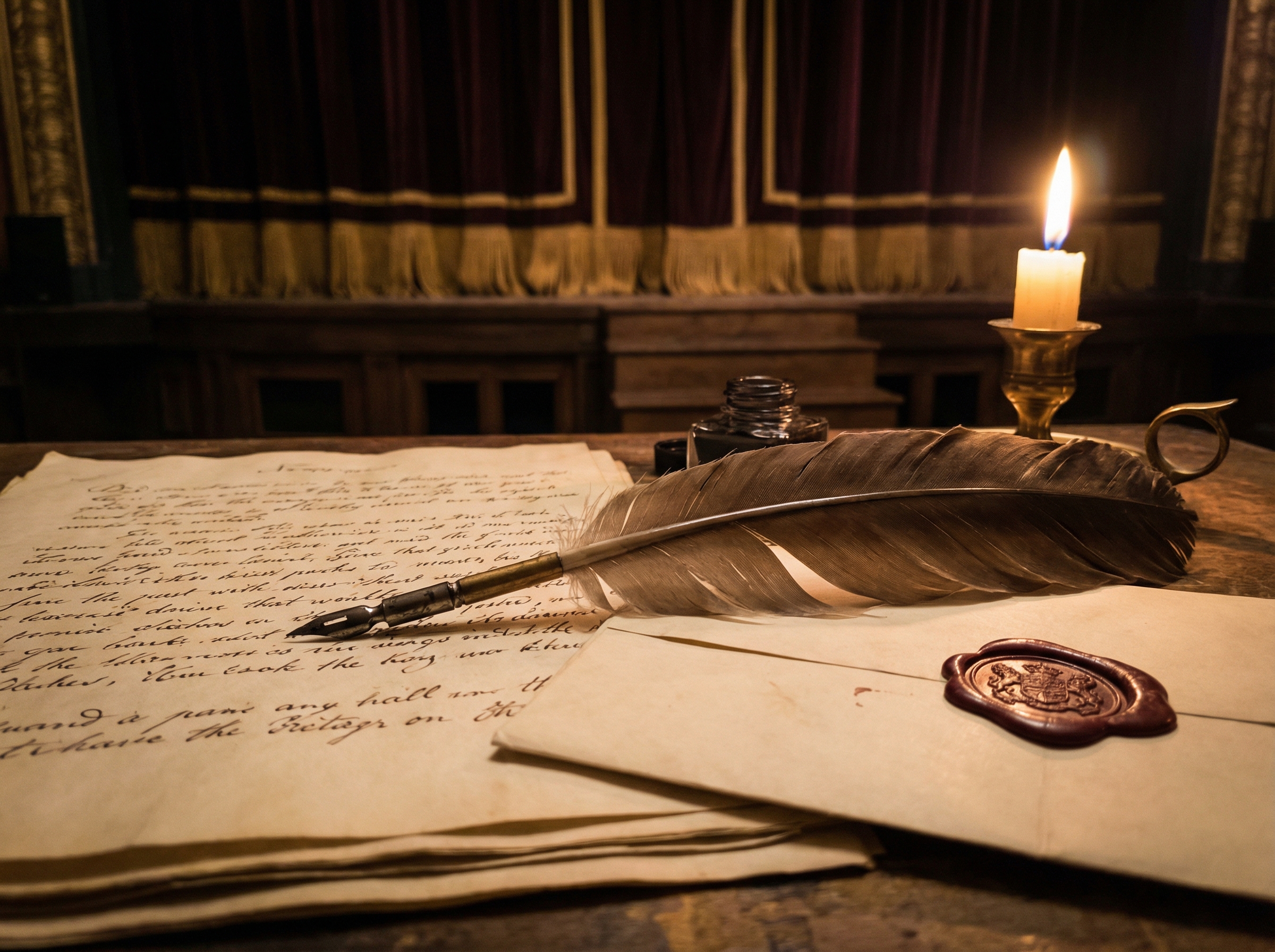Elizabethan quill pen resting on handwritten manuscript pages illuminated by candlelight