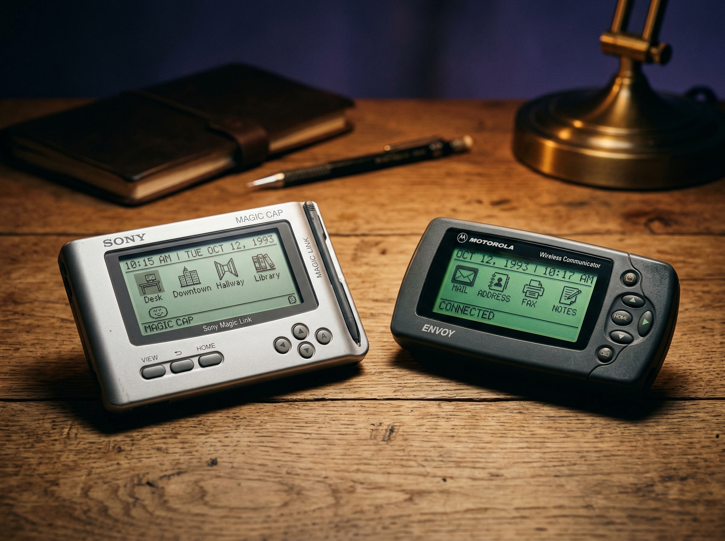 Sony Magic Link PIC-1000 and Motorola Envoy personal communicator devices from the mid-1990s