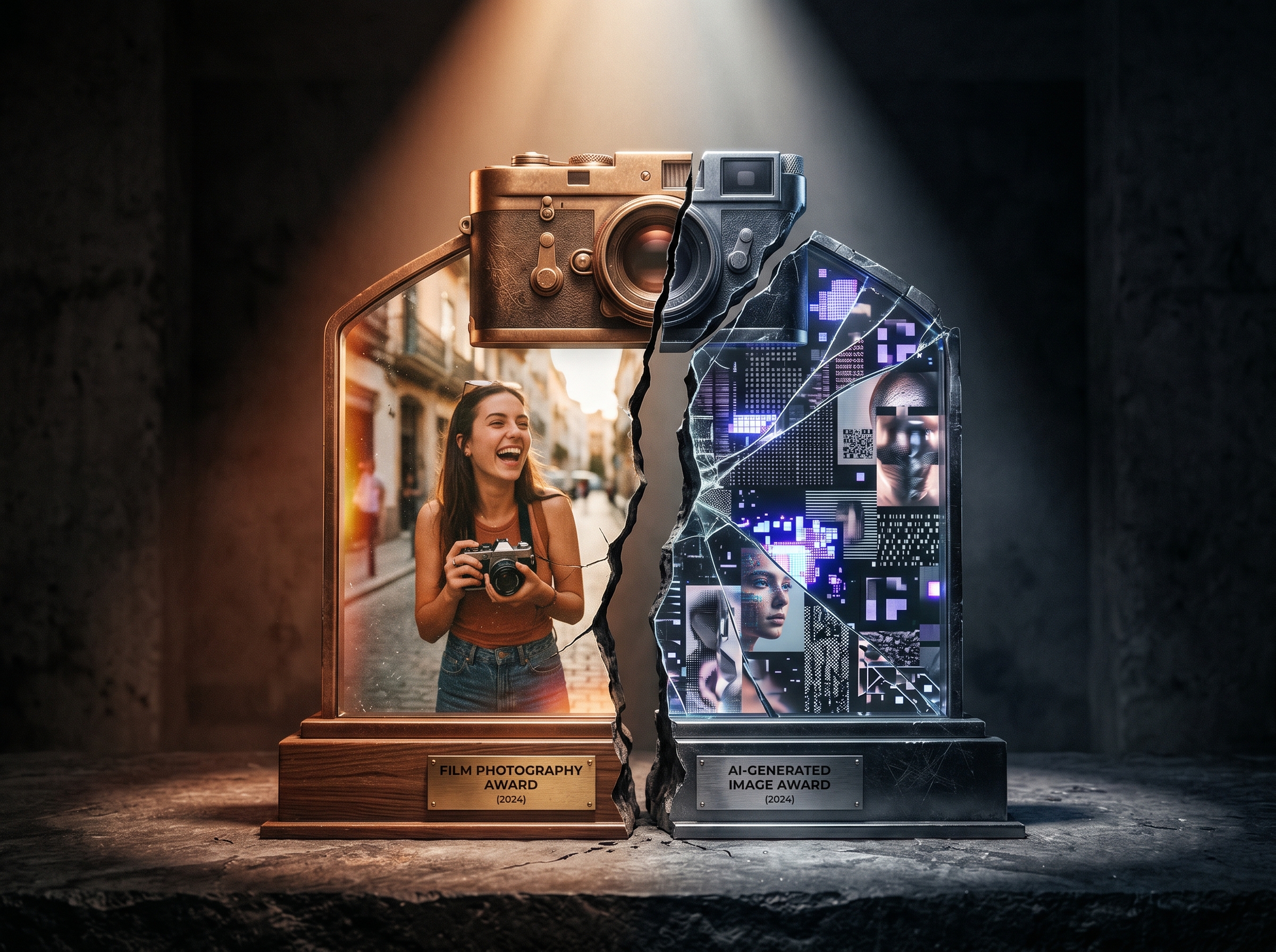 A photography award trophy with a crack running through it, one half reflecting real photography, the other showing AI patterns