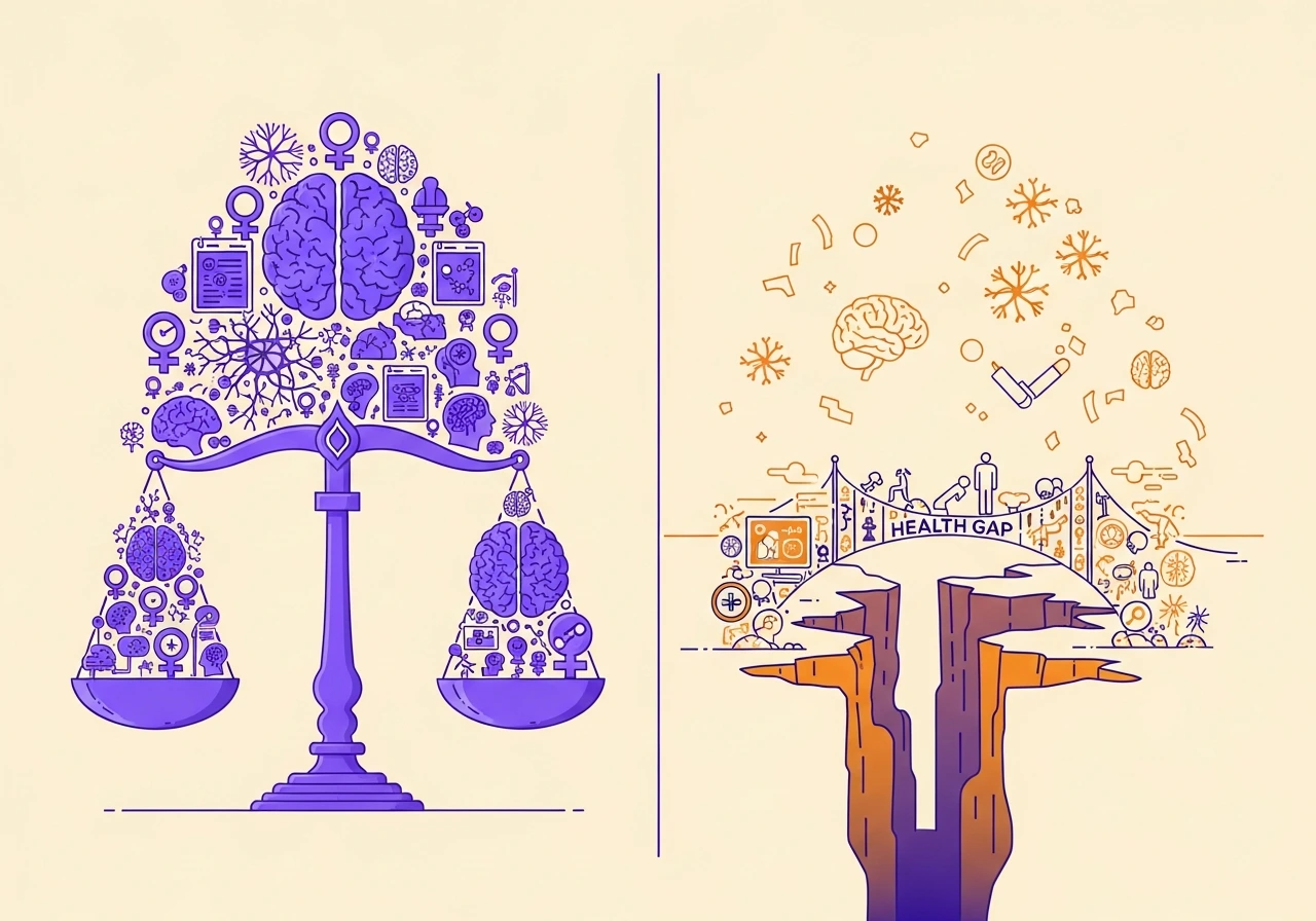 Health gap canyon being bridged, scales showing imbalance