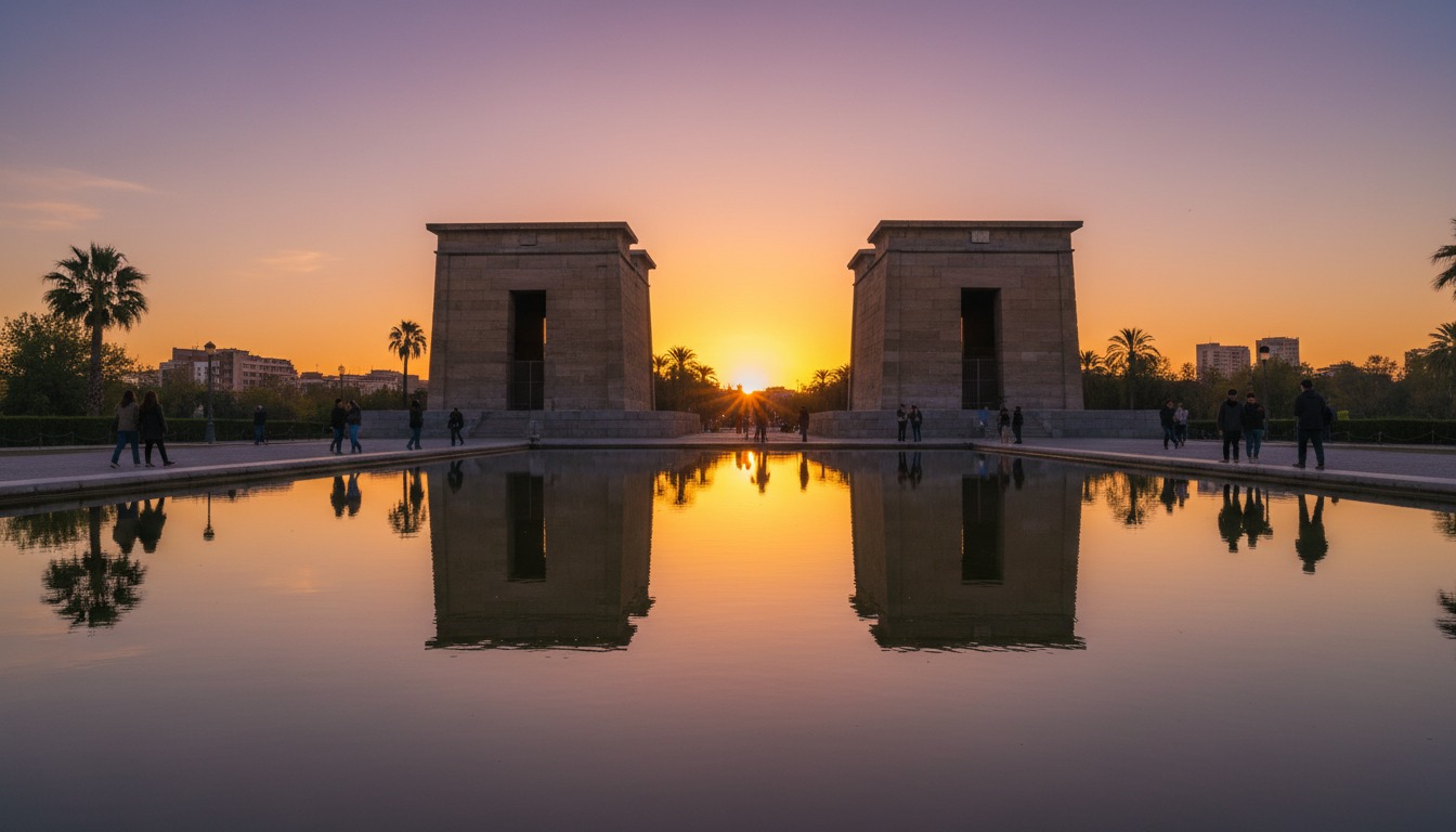 Templo de Debod Egyptian temple at sunset in Madrid, golden and purple sky reflected in still water