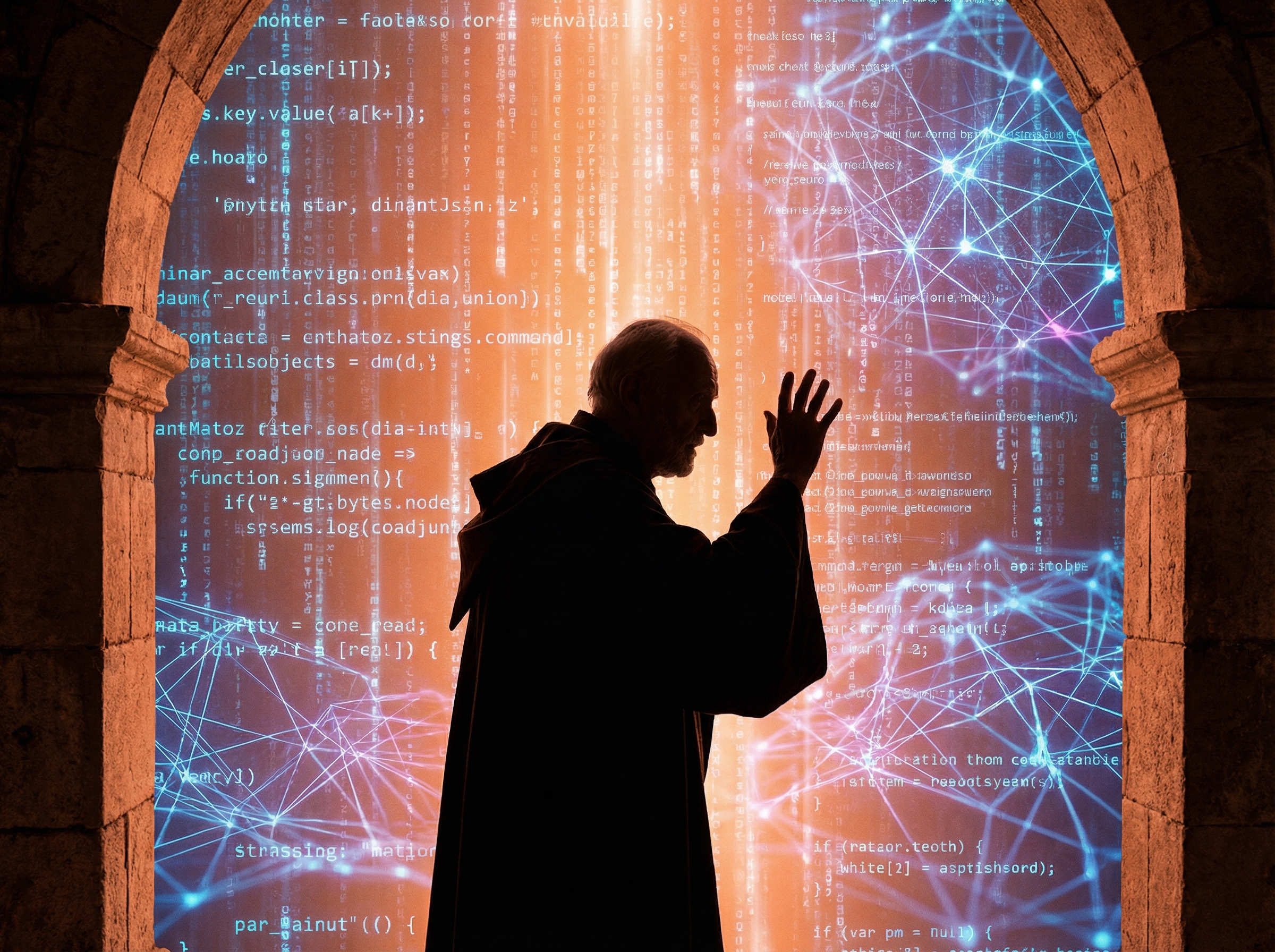 An elderly wise figure silhouetted against a wall of cascading data streams, one hand raised in warning