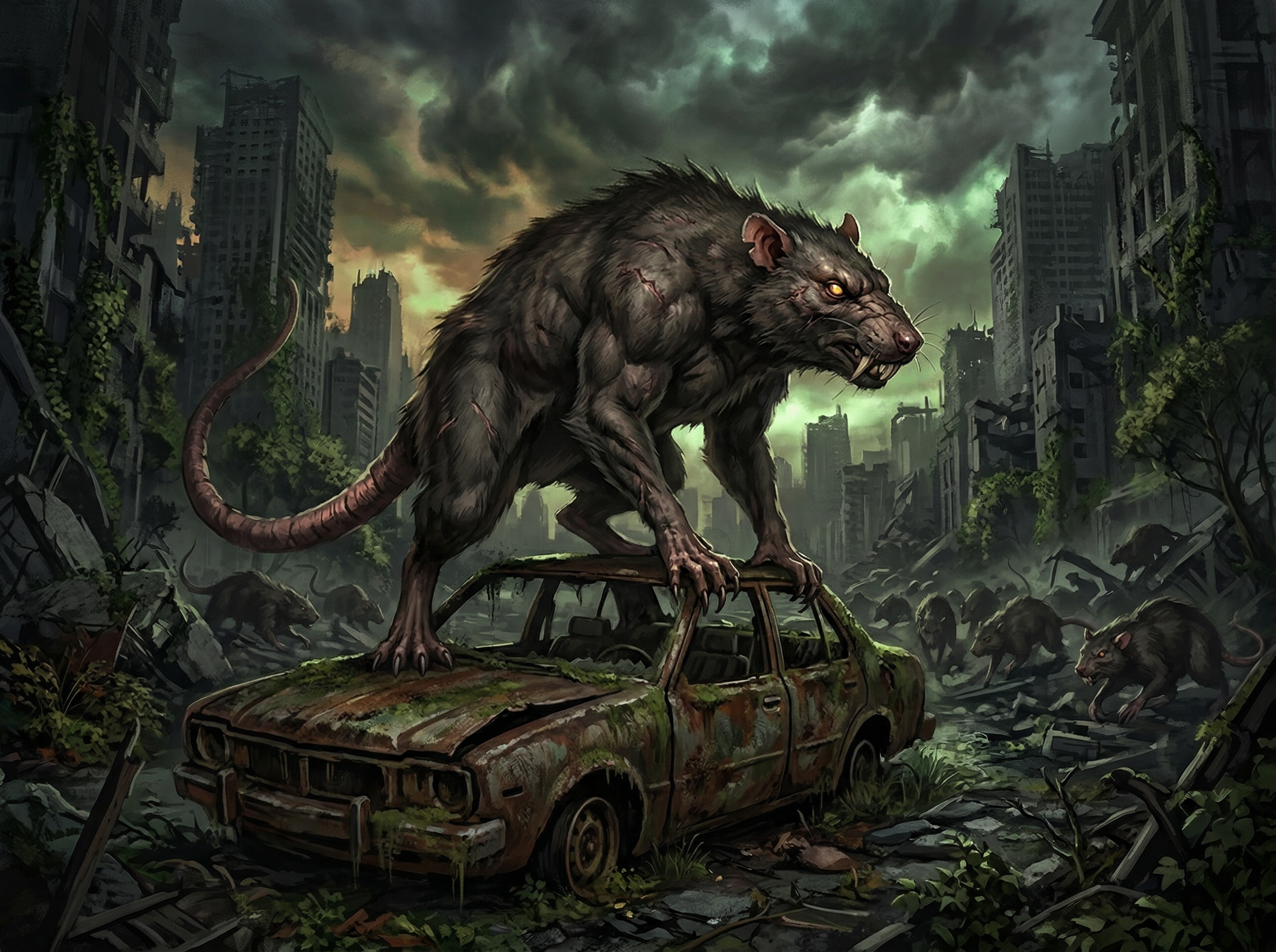 A massive evolved rat the size of a wolf standing atop a rusted car in an overgrown post-apocalyptic city