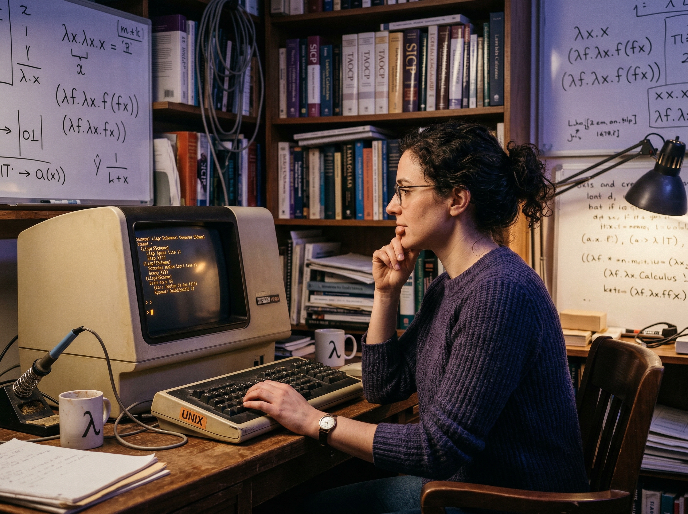 A contemplative programmer at a vintage terminal, REPL cursor glowing with warm amber light, surrounded by whiteboards of lambda calculus