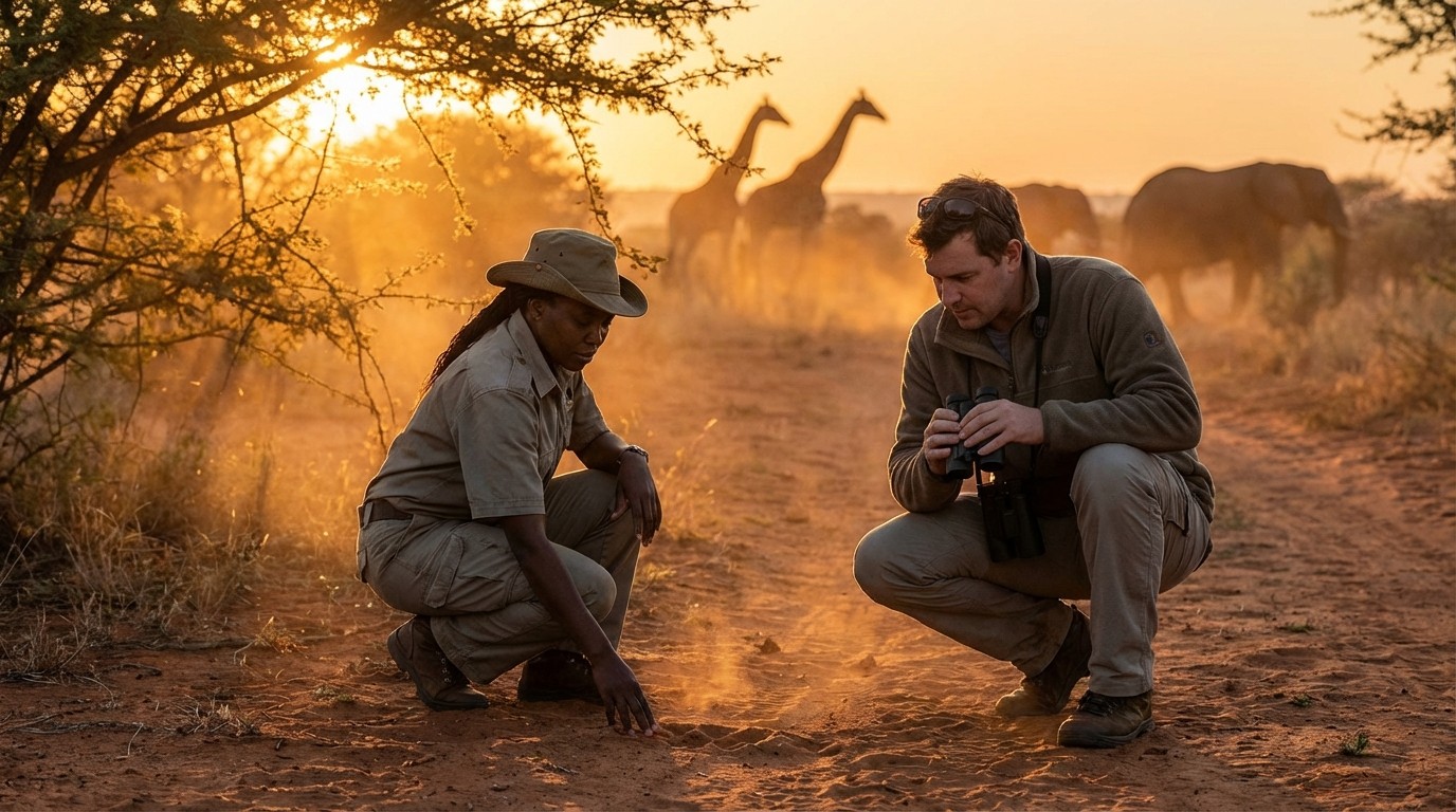 Safari ranger and traveler tracking wildlife together at dawn in the South African bush