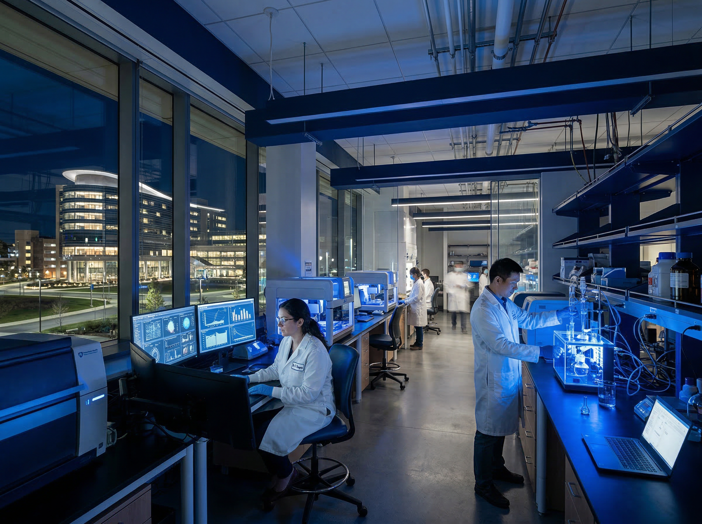 A modern university research laboratory with glowing equipment and data visualizations