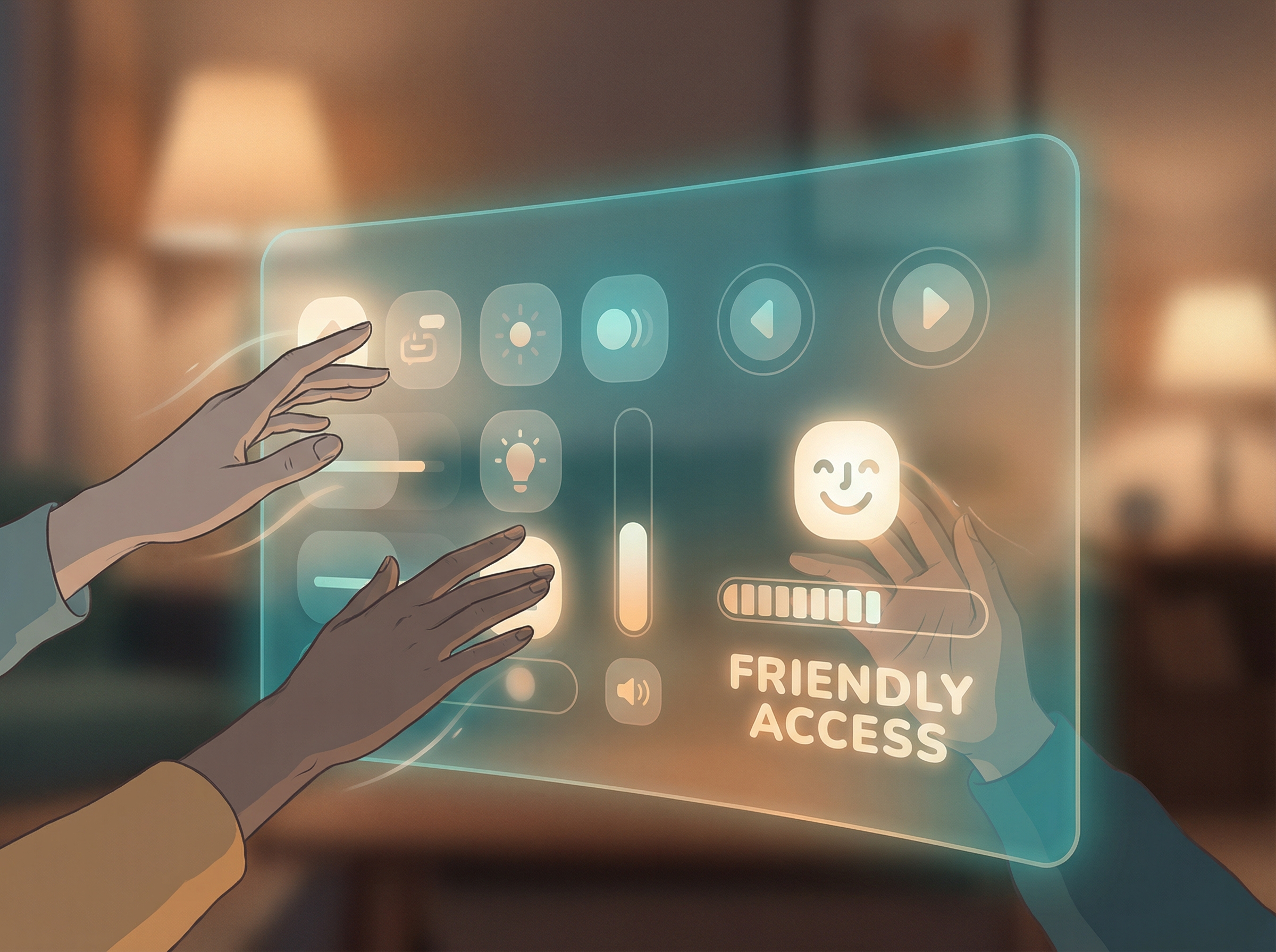Human hands reaching toward a glowing interface with friendly visual feedback, buttons lighting up without code visible