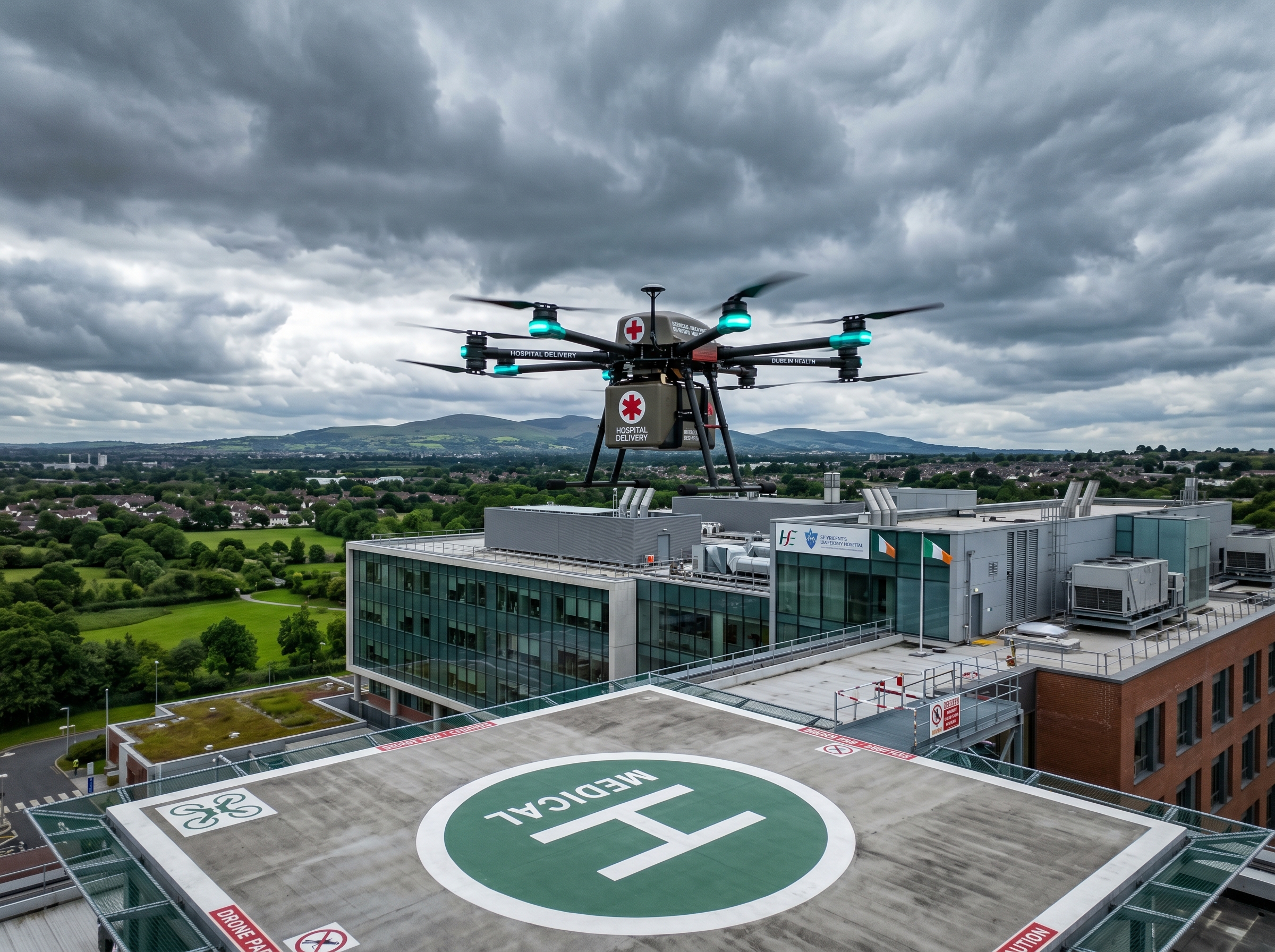 Delivery drone approaching a hospital rooftop landing pad in Dublin with dramatic Irish sky