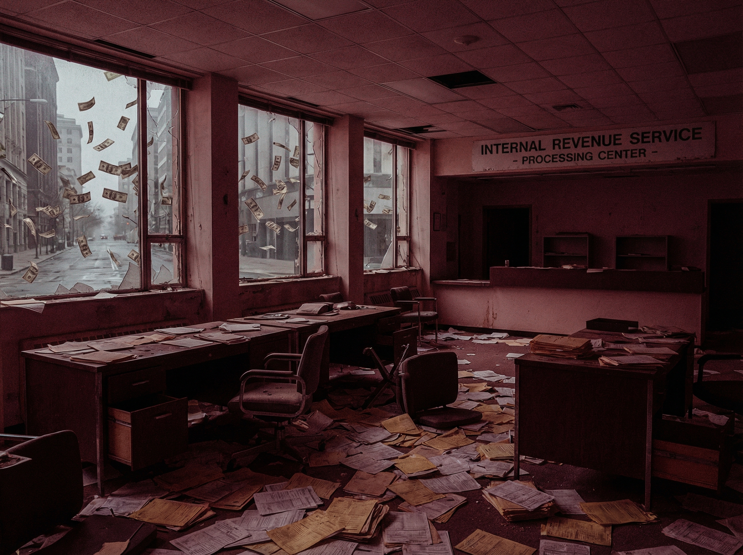 Empty IRS office with money flying out windows