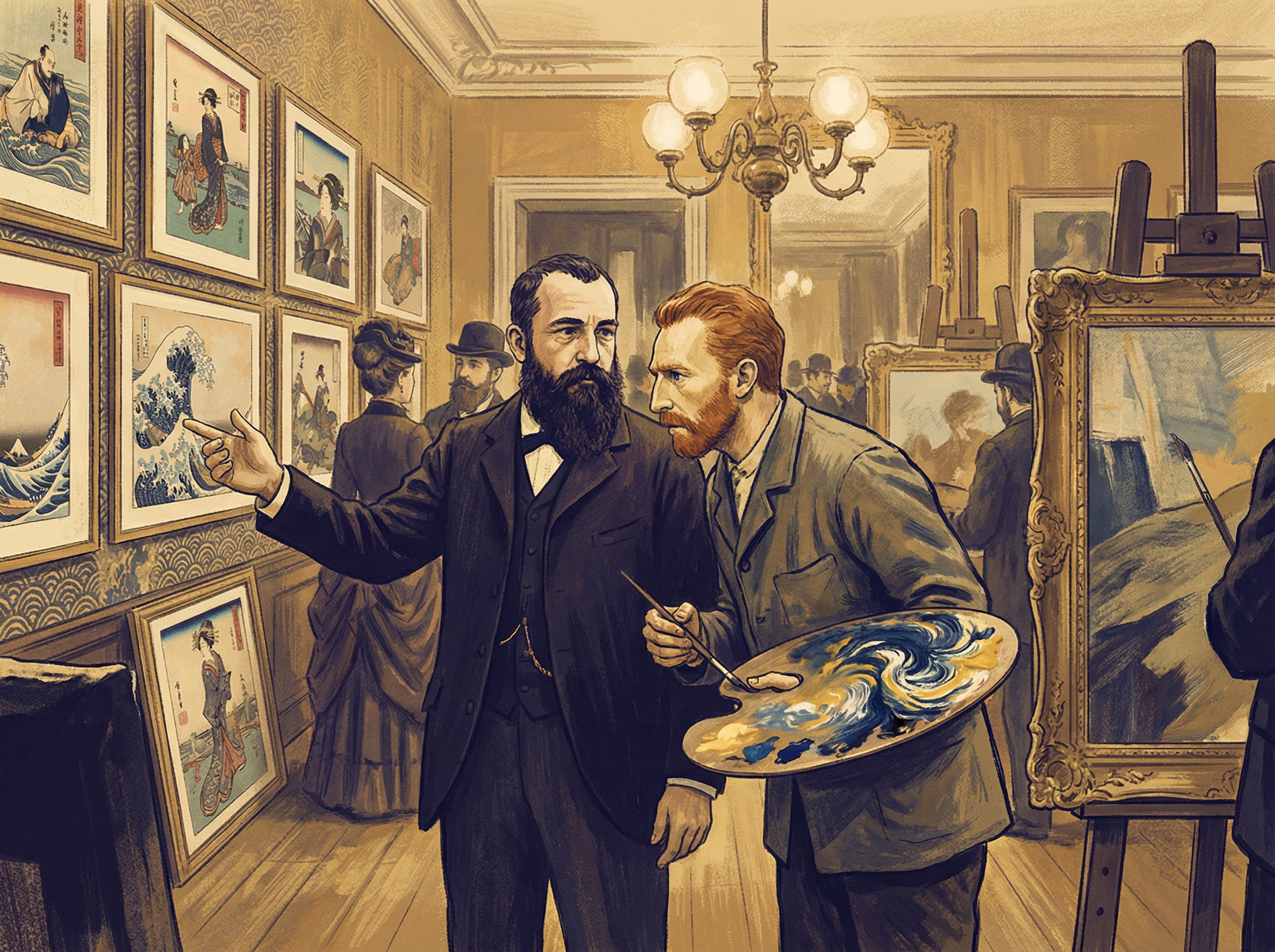 Western artists in a Parisian salon studying Japanese prints, their palettes transforming