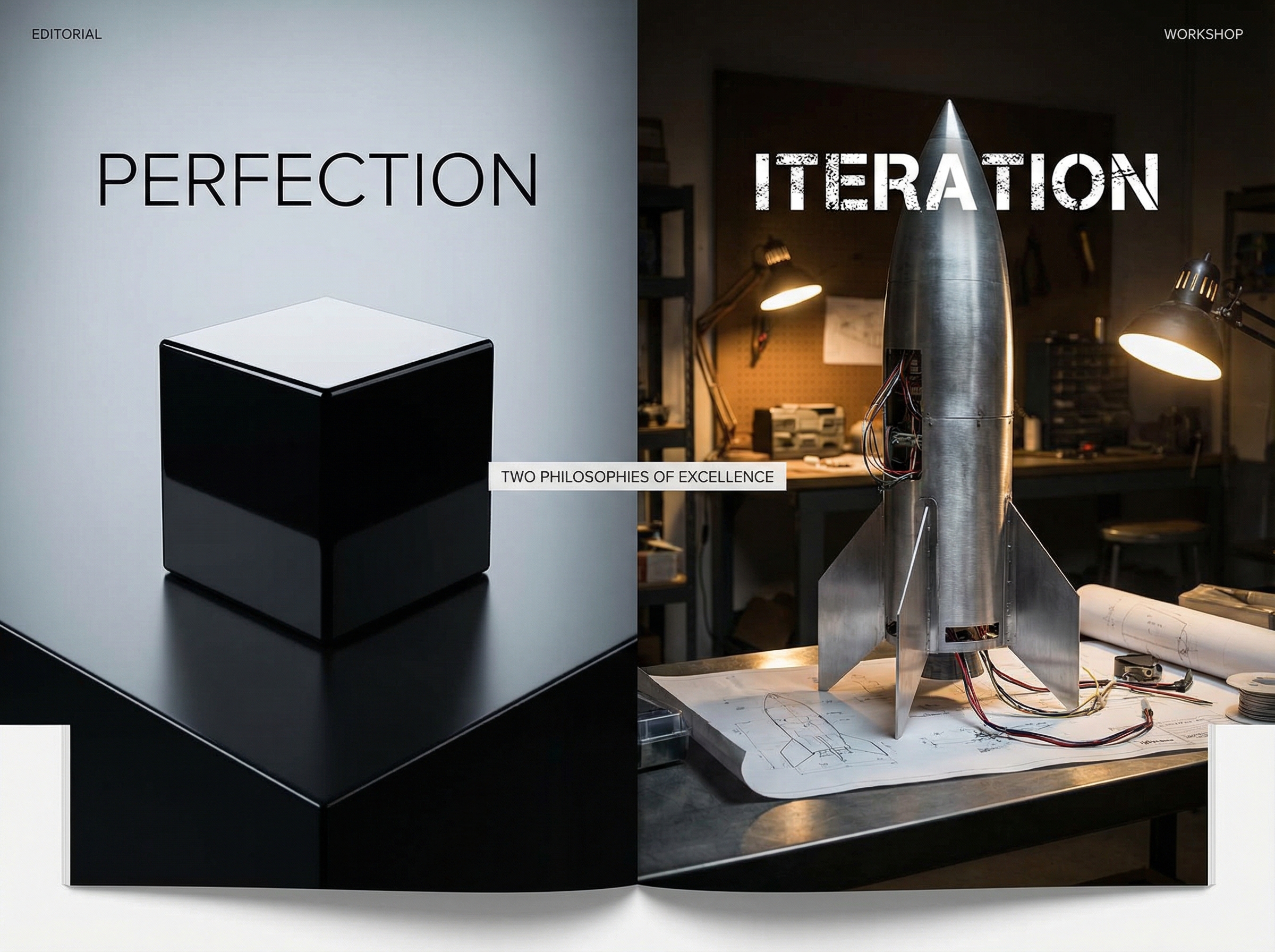 Split composition showing polished cube versus rough rocket prototype